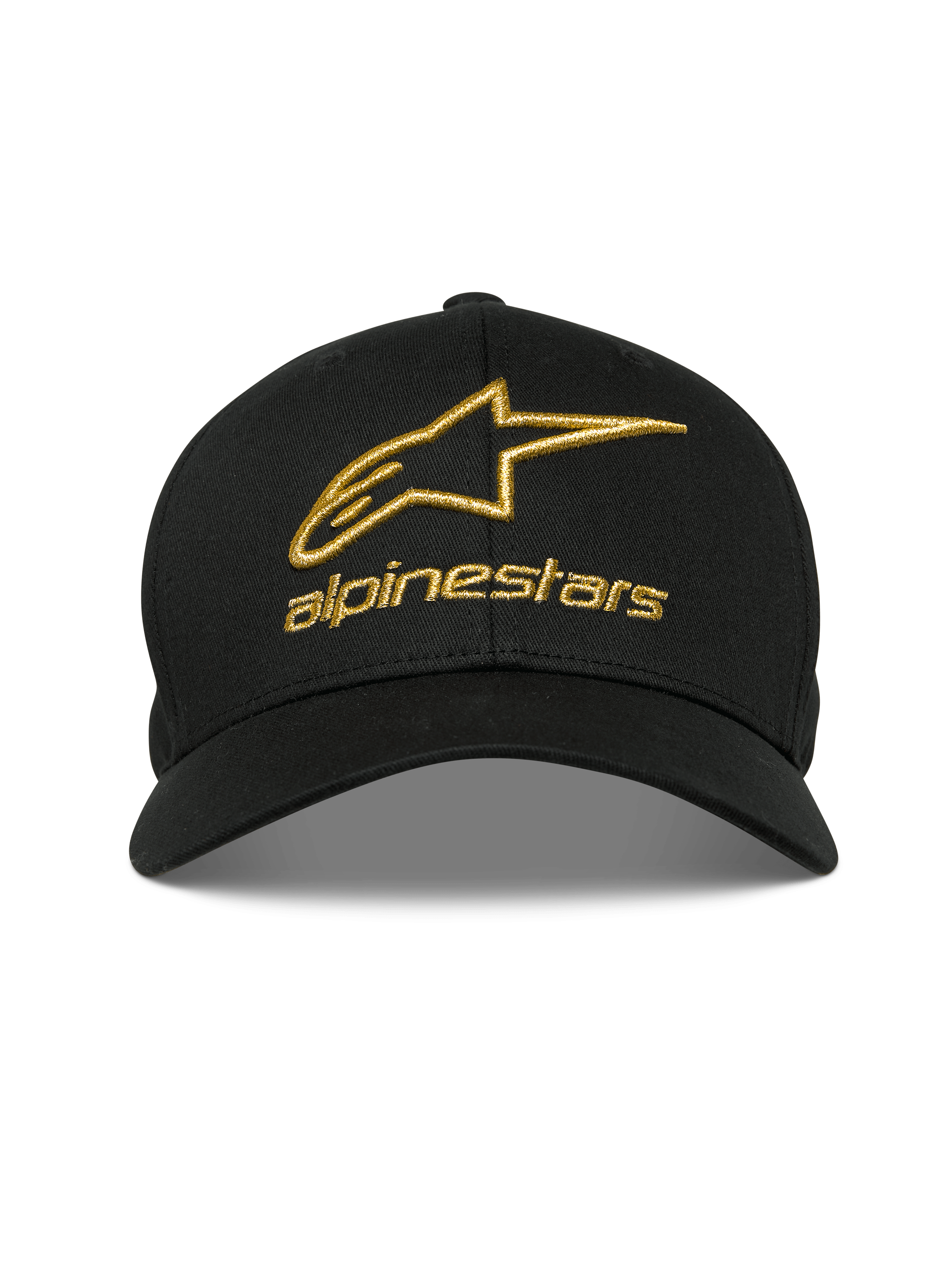 Alpinestars Gild-keps, svart med guldmetalliskt 3D-broderi av Alpinestars-logotypen, böjd skärm och strukturerad krona, casual motorsport-sportswear