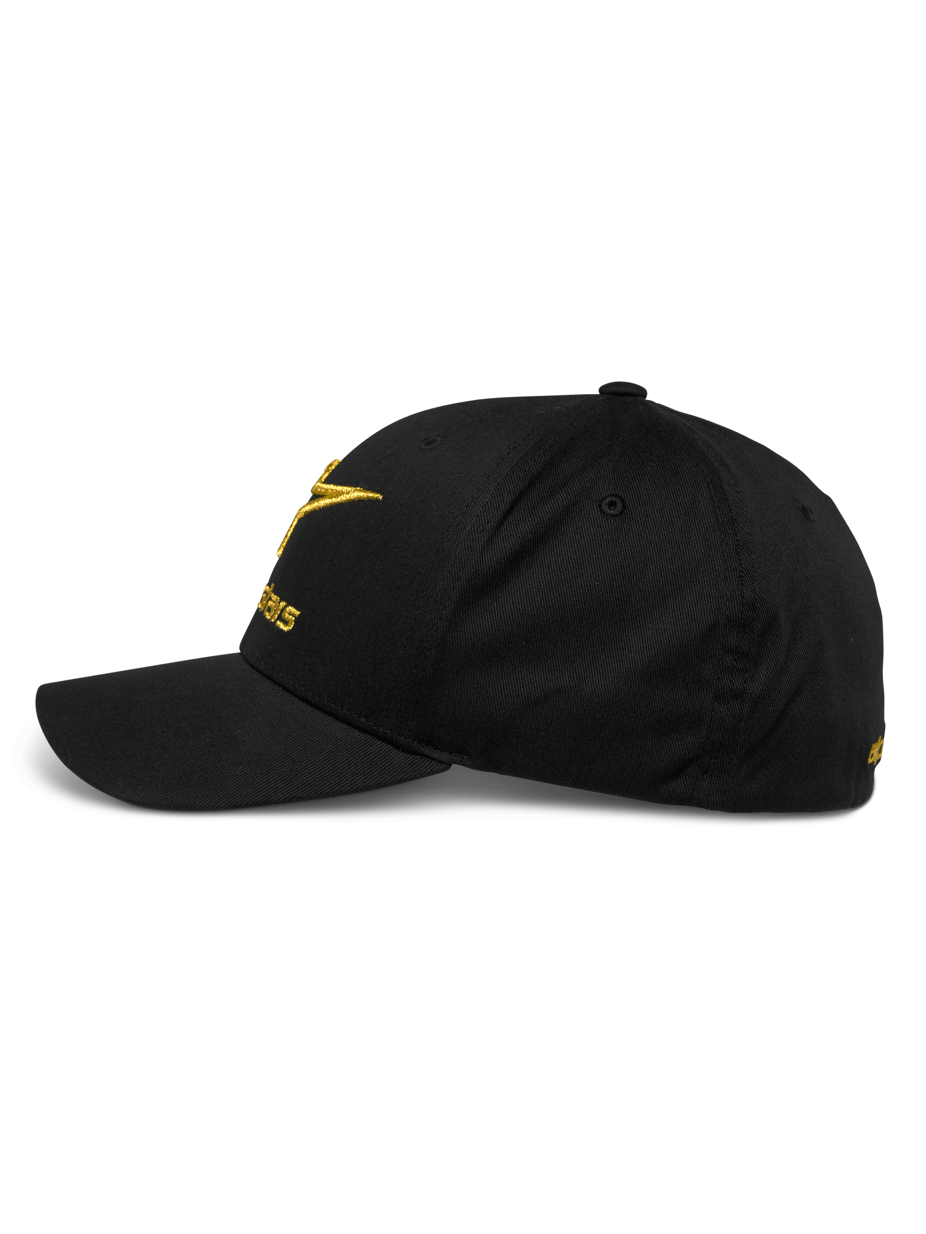 Alpinestars Gild Hat, profilvy av en svart baseballkeps med böjd skärm, guldmetalliskt 3D-broderi framtill och på sidan, strukturerad krona och stretch-twill-tyg, casual motorsport-sportswear.