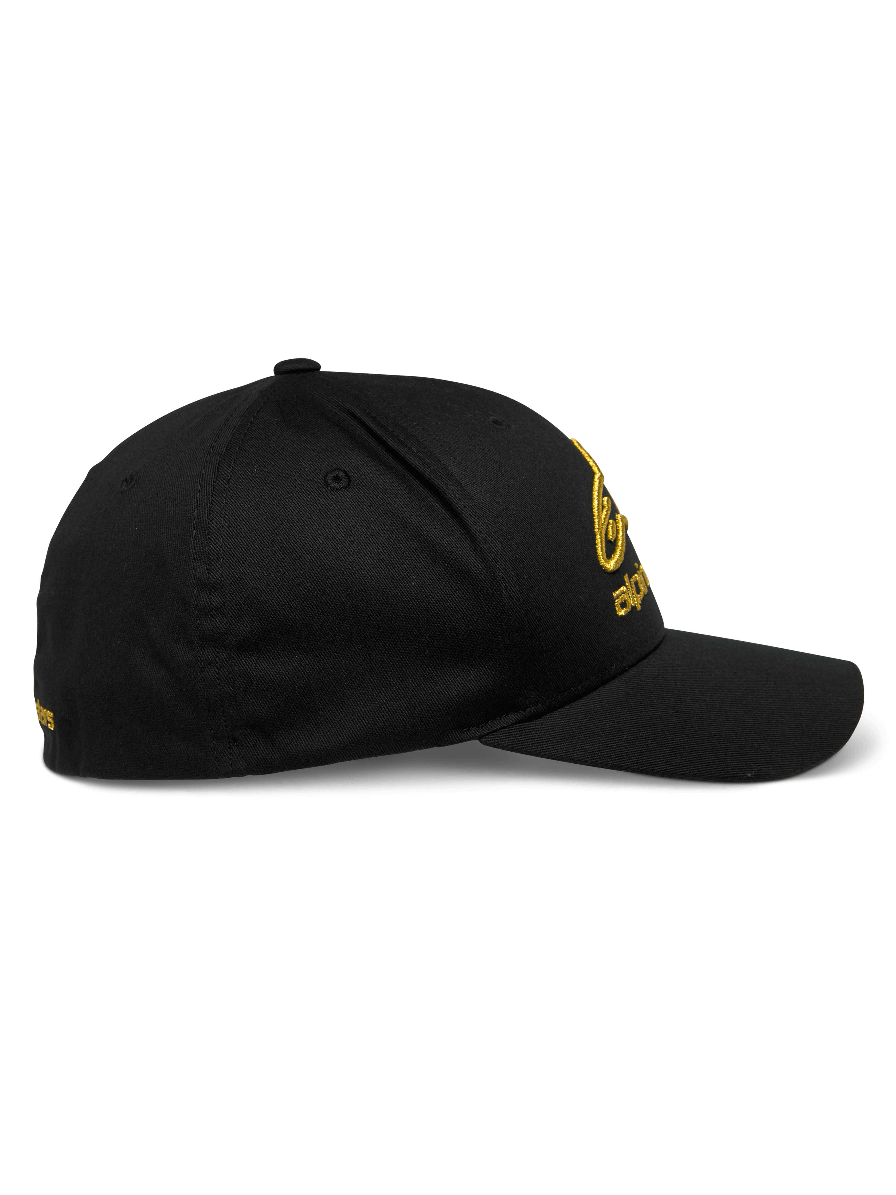 Alpinestars Gild Hat, sportswear-keps, svart och guld, sidoprofil med böjd skärm, strukturerad krona och guldmetalliskt 3D-broderi framtill och på sidan, stretch-twill-tyg
