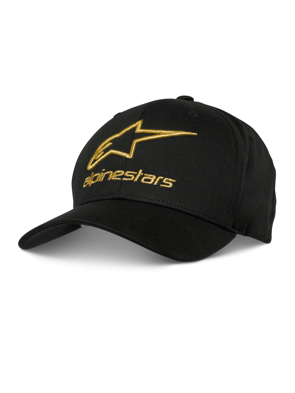 Alpinestars Gild Hat, svart basebollkeps med guldmetalliskt 3D-broderad logotyp, strukturerad krona och böjd skärm, casual motorsport-sportkläder