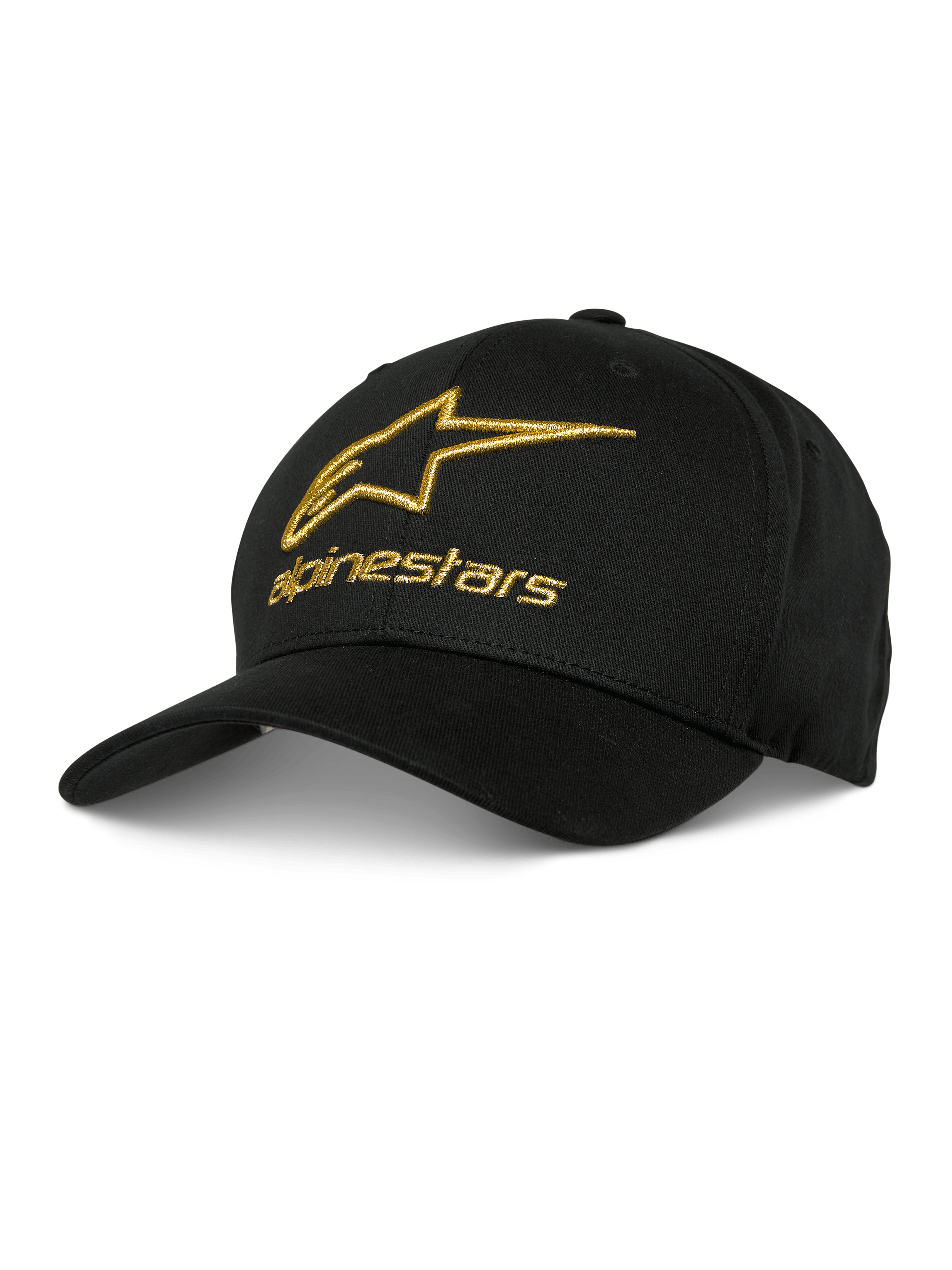 Alpinestars Gild Hat, Black Baseball Cap with Gold Metallic 3D Embroidered Logo, Structured Crown and Curved Bill, Casual Motorsport Sportswear