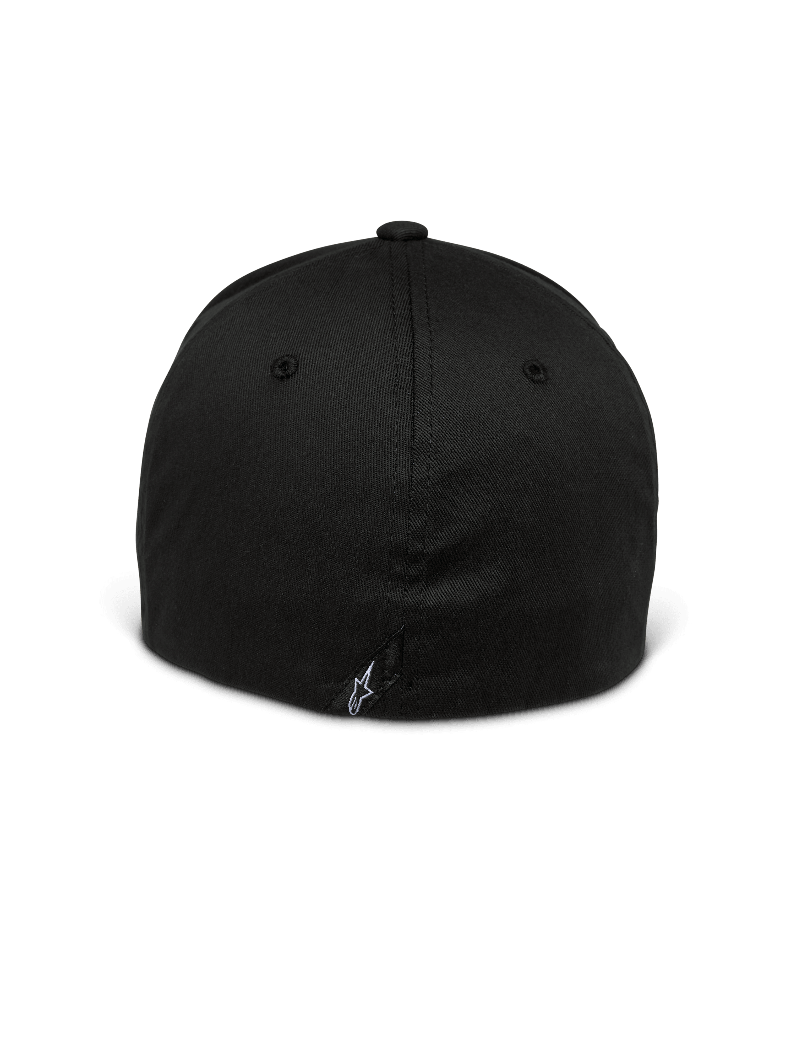 Alpinestars Setting Keps, svart keps med elastisk baksida, baksida som visar stängd flex-design, liten vit broderad stjärnlogotyp på den nedre sömmen, strukturerad krona i stretch-twill