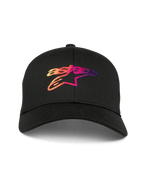 Alpinestars Setting Keps, svart baseballkeps med böjd skärm, med en 3D-broderad Astar-logotyp med färgtoning i orangea, rosa och lila toner, strukturerad krona, casual motorsport-sportswear