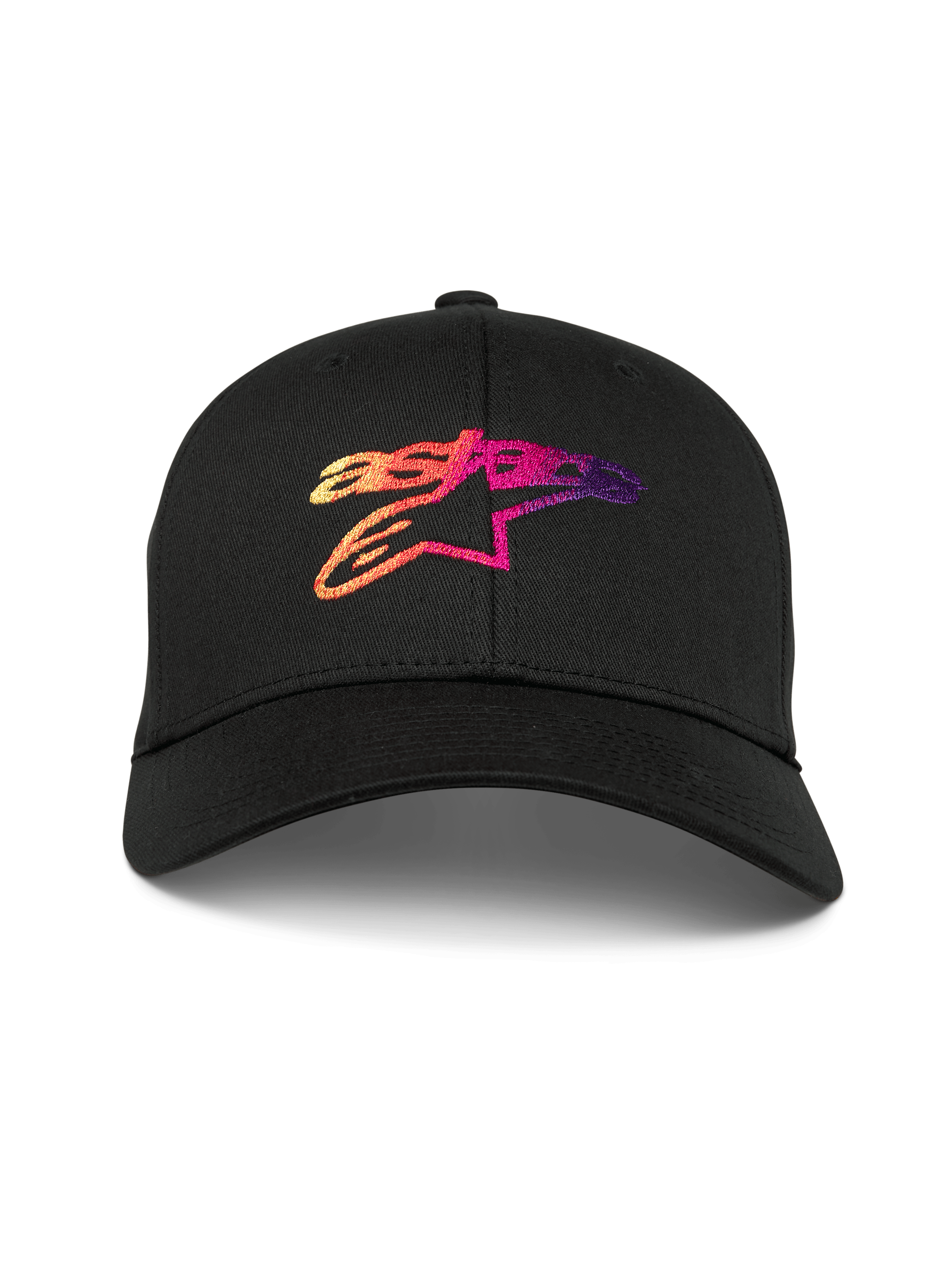 Alpinestars Setting Keps, svart baseballkeps med böjd skärm, med en 3D-broderad Astar-logotyp med färgtoning i orangea, rosa och lila toner, strukturerad krona, casual motorsport-sportswear
