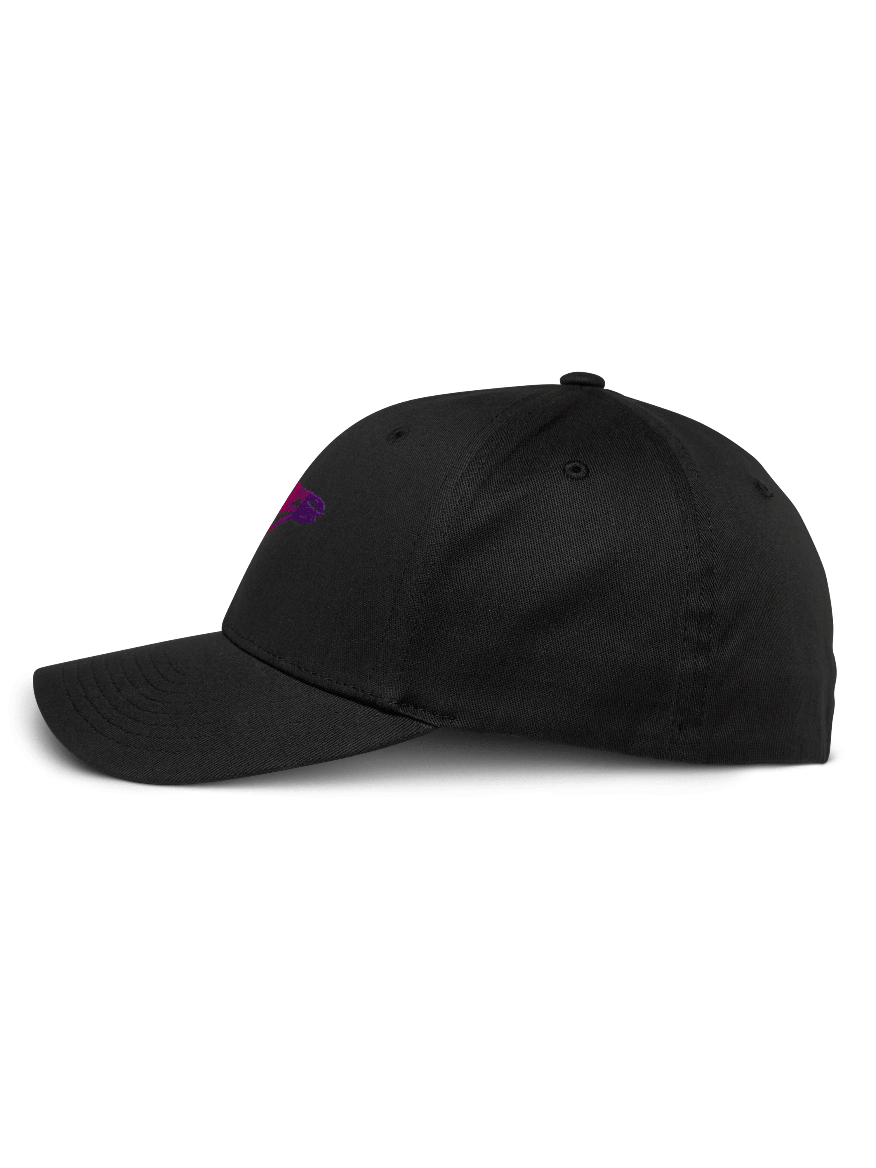 Alpinestars Setting Keps, svart baseballkeps sedd från sidan, böjd skärm med strukturerad krona, lila 3D-broderad logotyp med toning, stretch-twill