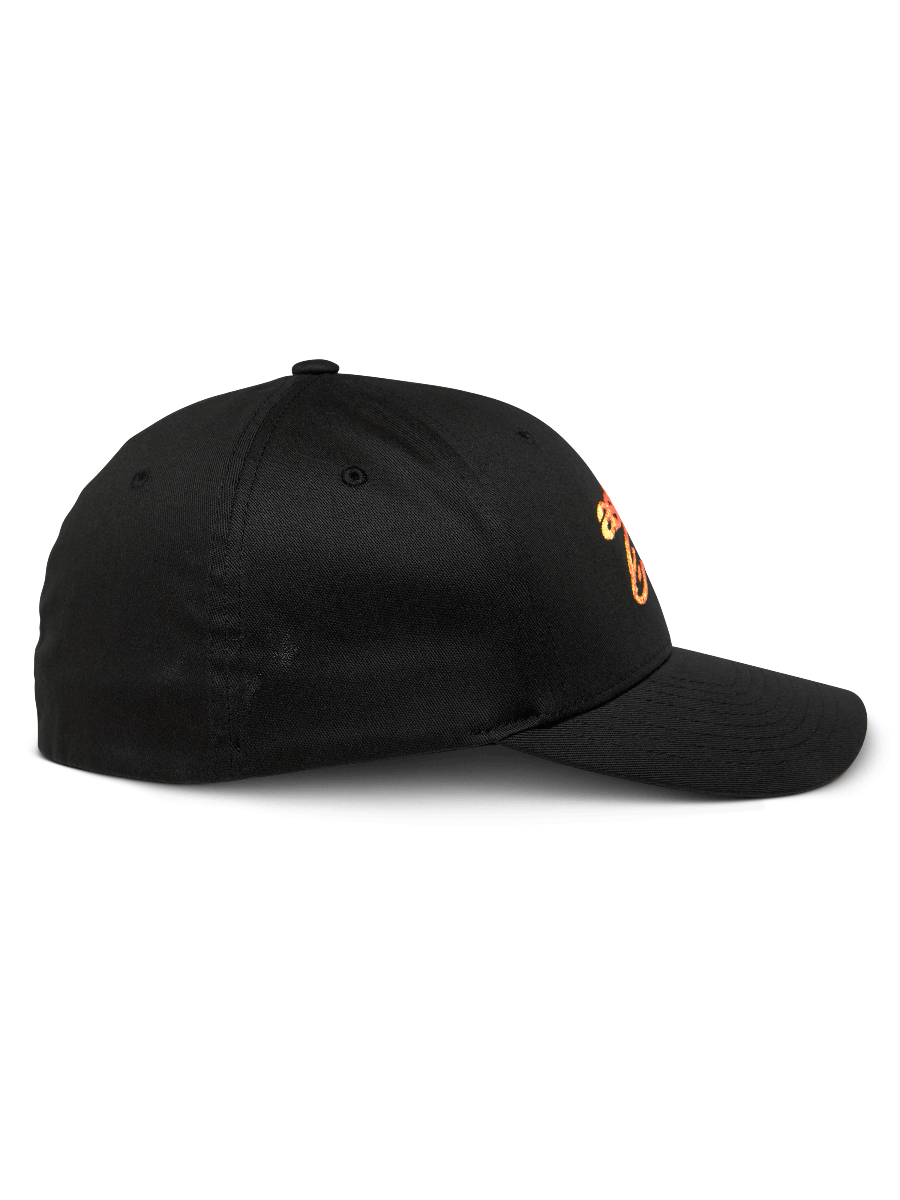 Alpinestars Setting Hat, svart baseballkeps, sidoprofil som visar böjd skärm och strukturerad krona, med orange tonad broderad logotyp, casual sportswear