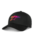 Alpinestars Setting Hat, svart baseballkeps med 3D-broderad logotyp i orange, rosa och lila färgtoning, böjd skärm, strukturerad krona, lifestyle-keps