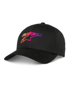 Alpinestars Setting Hat, svart baseballkeps med 3D-broderad logotyp i orange, rosa och lila färgtoning, böjd skärm, strukturerad krona, lifestyle-keps