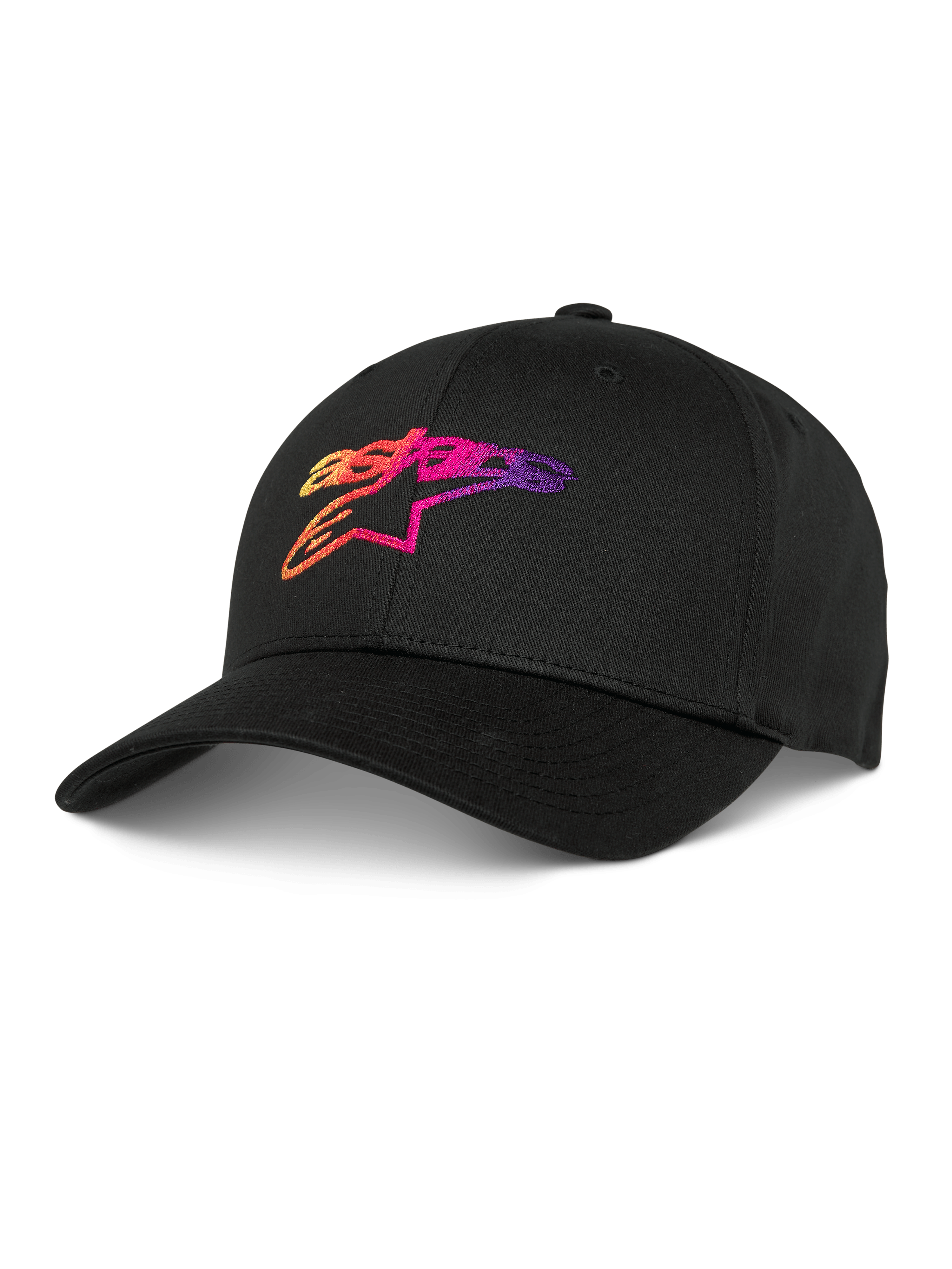 Alpinestars Setting Hat, svart baseballkeps med 3D-broderad logotyp i orange, rosa och lila färgtoning, böjd skärm, strukturerad krona, lifestyle-keps