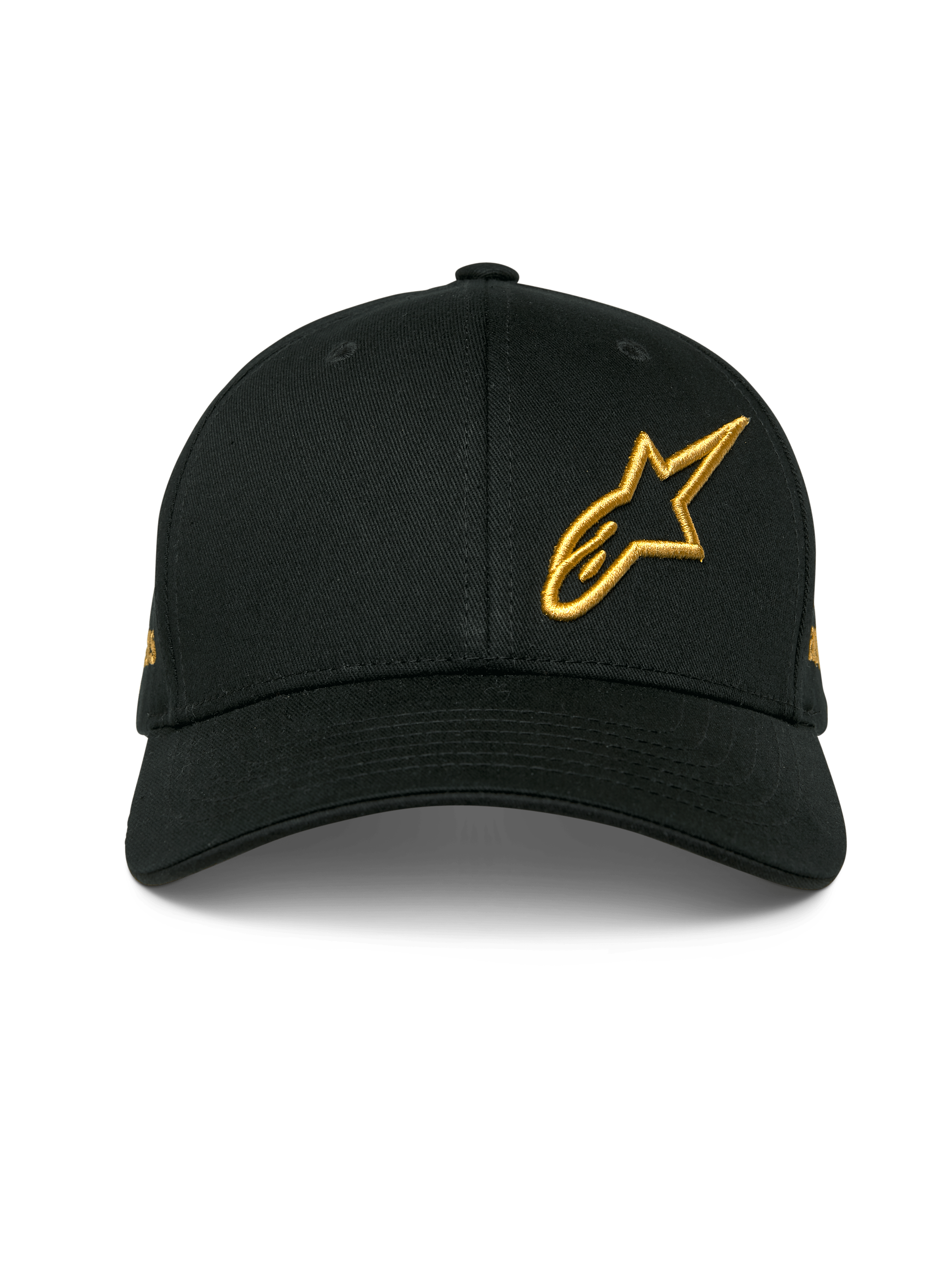 Alpinestars Sessionized Hat, Black curved bill snapback cap, gold 3D embroidered Astars logo on front left, structured cotton twill design, casual motorsport headwear