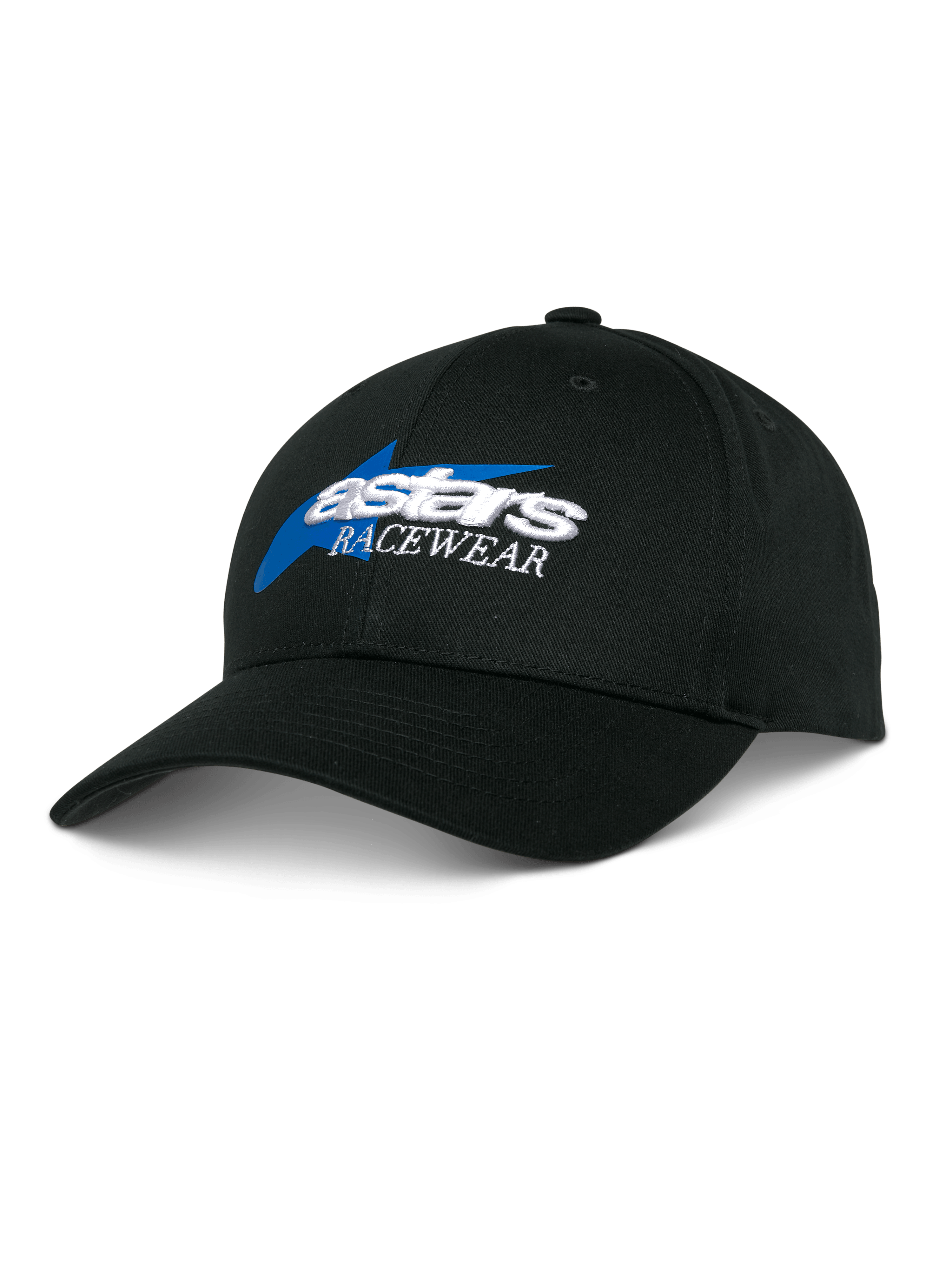 Alpinestars Profile Hat, svart baseballkeps, blått och vitt Astars Racewear-broderi, strukturerad krona med böjd skärm, avslappnad huvudbonad för motorsport
