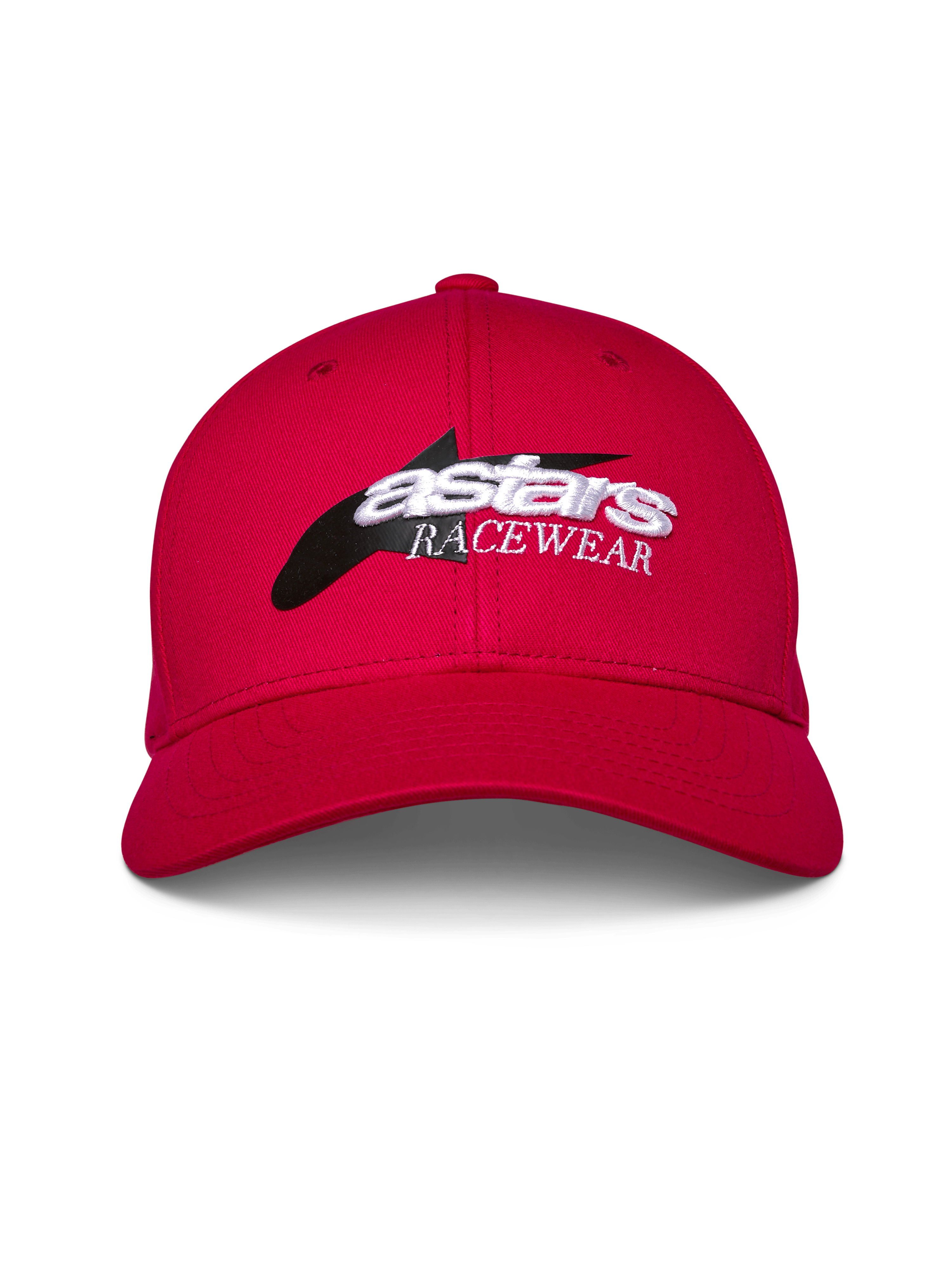 Alpinestars Profile Hat, Red, Structured Curve Bill Snapback, Front logo with black star graphic and white 3D 'astars RACEWEAR' embroidery, casual motorsport lifestyle headwear