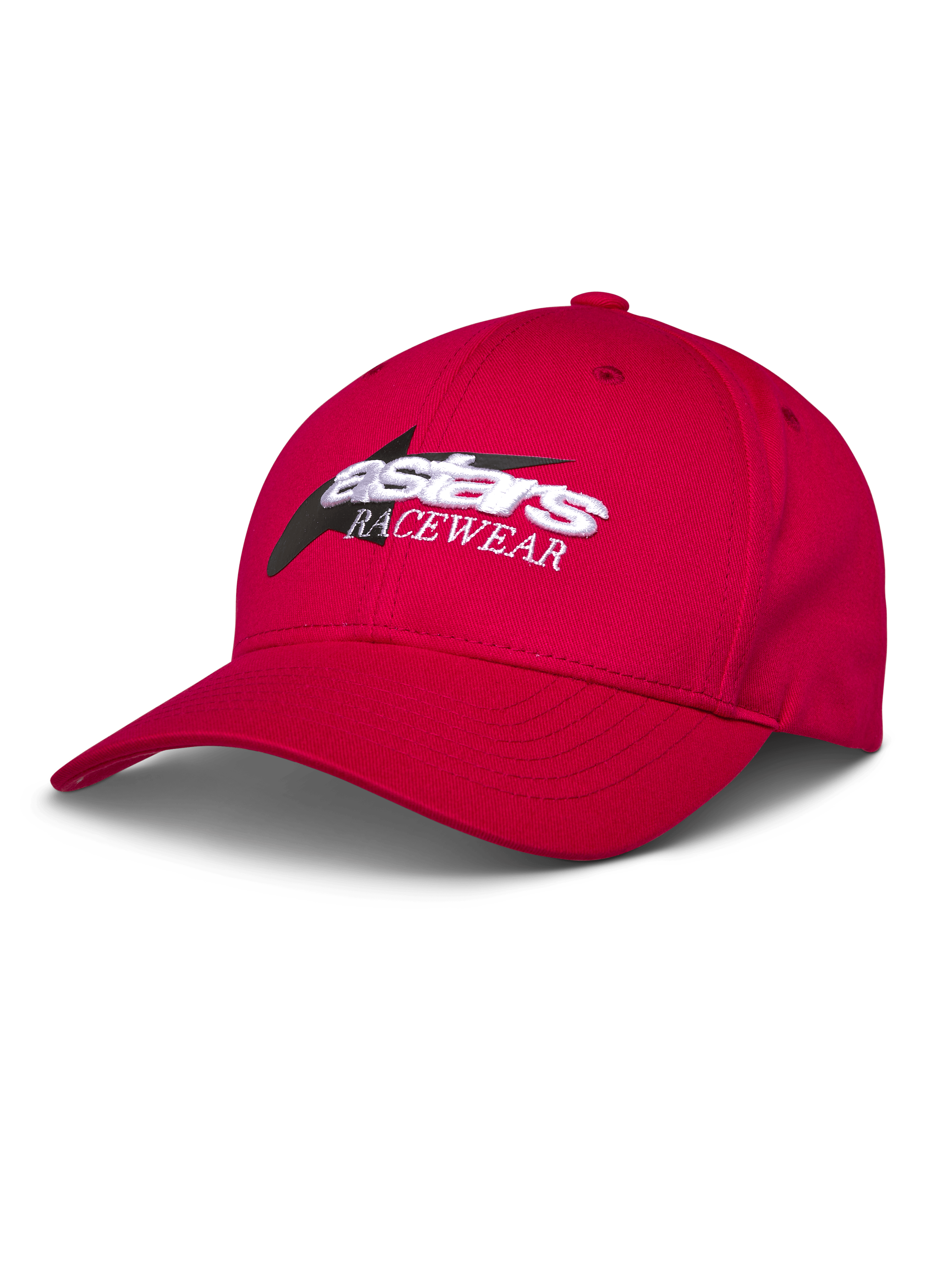 Alpinestars Profile Hat, Red Baseball Cap, White and Black Embroidered Astars RACEWEAR Logo, Curved Bill and Structured Crown, Casual Motorsport Streetwear