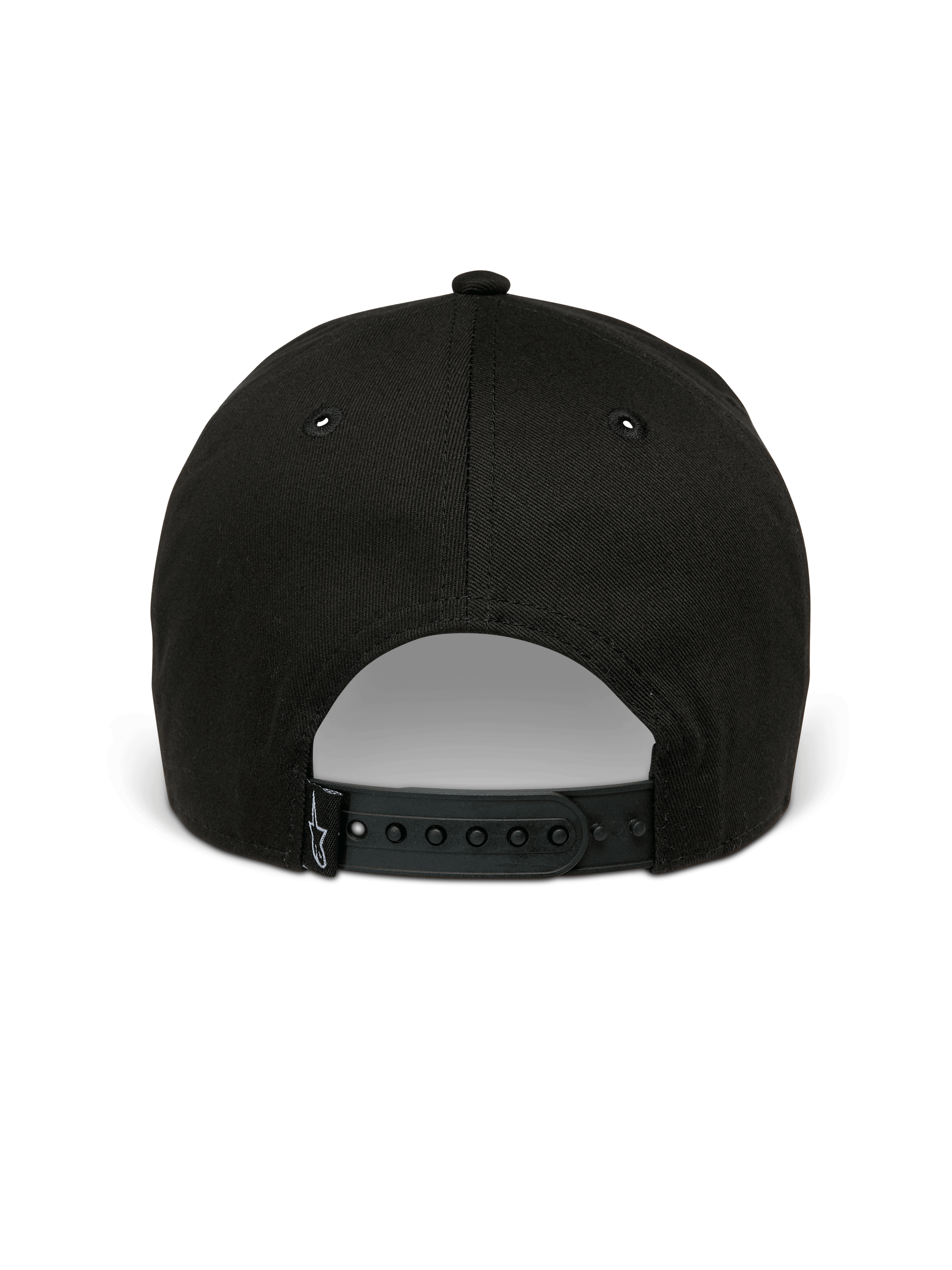 Alpinestars Canyon keps, svart snapback-keps sedd bakifrån med justerbar knäppning och en liten vävd Astars-logotypetikett, material i 100 % bomullstwill, vardaglig motorsportinspirerad huvudbonad