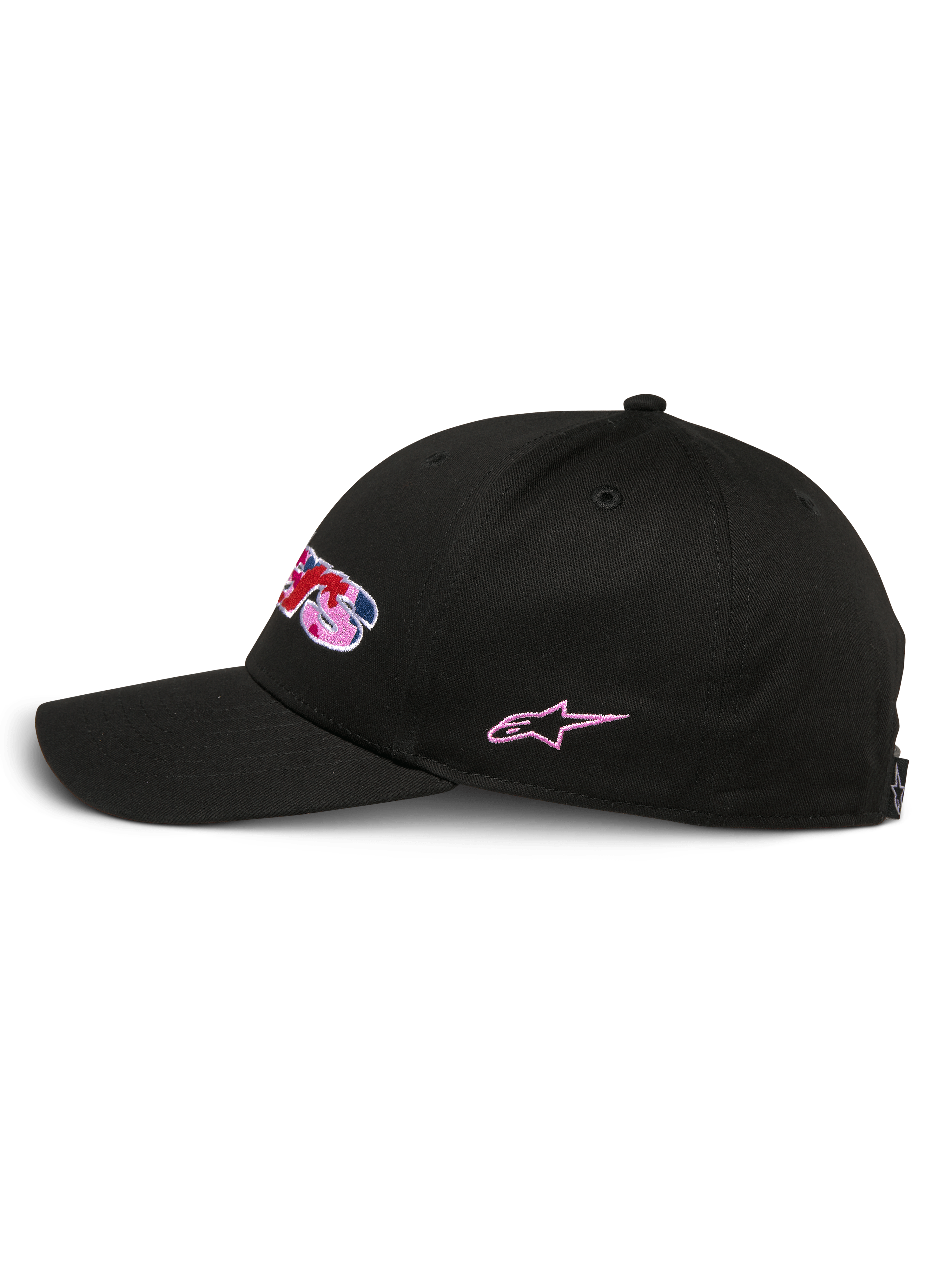 Alpinestars Canyon keps, svart snapback-keps, sedd från sidan, strukturerad krona med böjd skärm, broderad logotyp framtill med kamouflagefyllning och rosa detaljer, rosa stjärnbroderi på sidan, casual motorsportstil