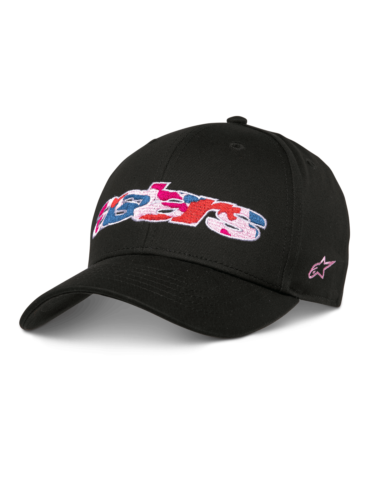 Alpinestars Canyon Hat, svart snapback-basebollkeps med böjd skärm och strukturerad krona, Astars-logotyp fram med rosa, blått och rött kamouflage-broderi, rosa stjärnlogotyp på sidan, vardaglig streetwear i bomullstwill