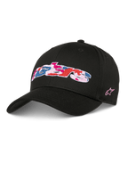 Alpinestars Canyon Hat, svart snapback-basebollkeps med böjd skärm och strukturerad krona, Astars-logotyp fram med rosa, blått och rött kamouflage-broderi, rosa stjärnlogotyp på sidan, vardaglig streetwear i bomullstwill