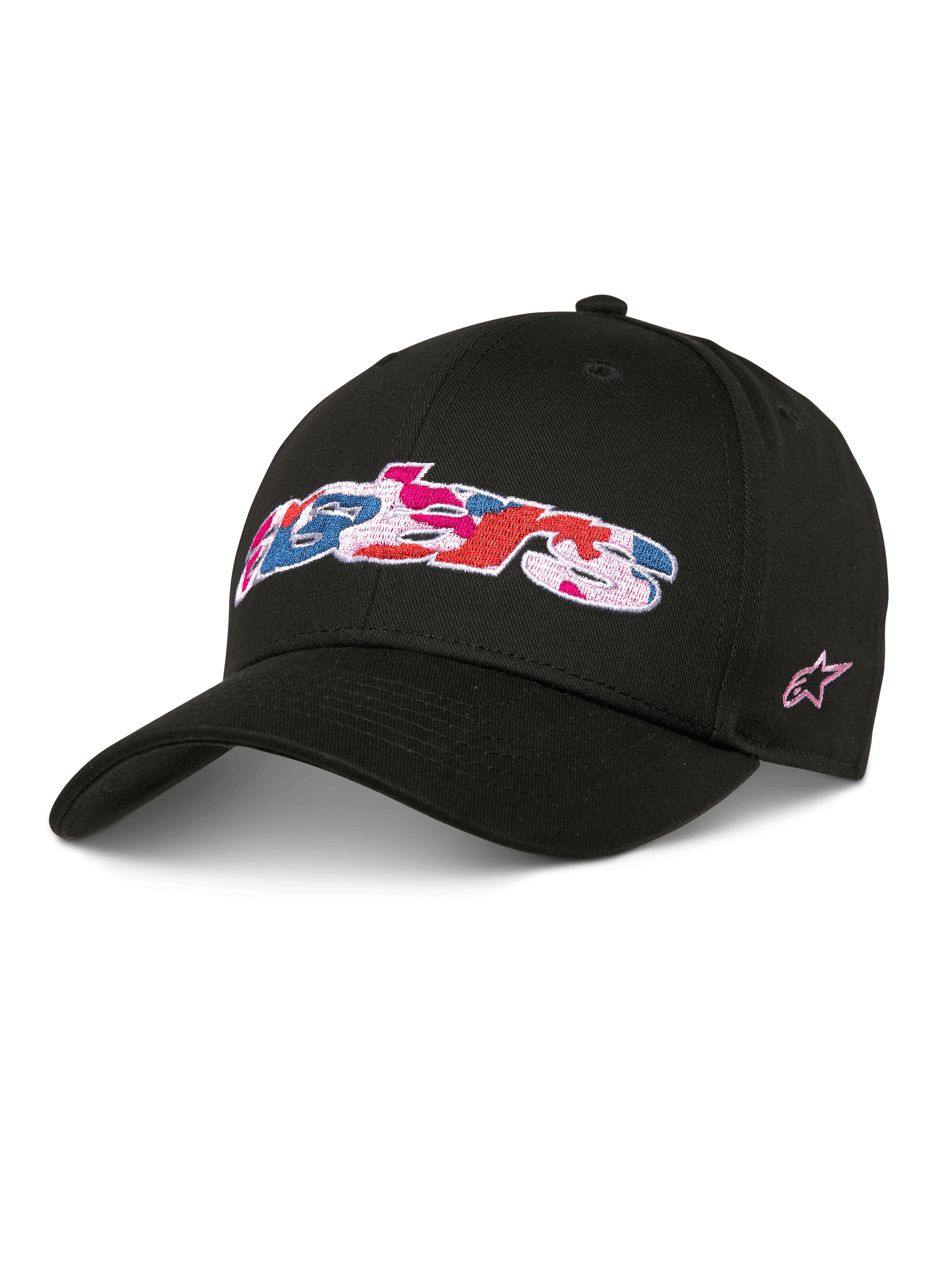 Alpinestars Canyon Hat, svart snapback-basebollkeps med böjd skärm och strukturerad krona, Astars-logotyp fram med rosa, blått och rött kamouflage-broderi, rosa stjärnlogotyp på sidan, vardaglig streetwear i bomullstwill