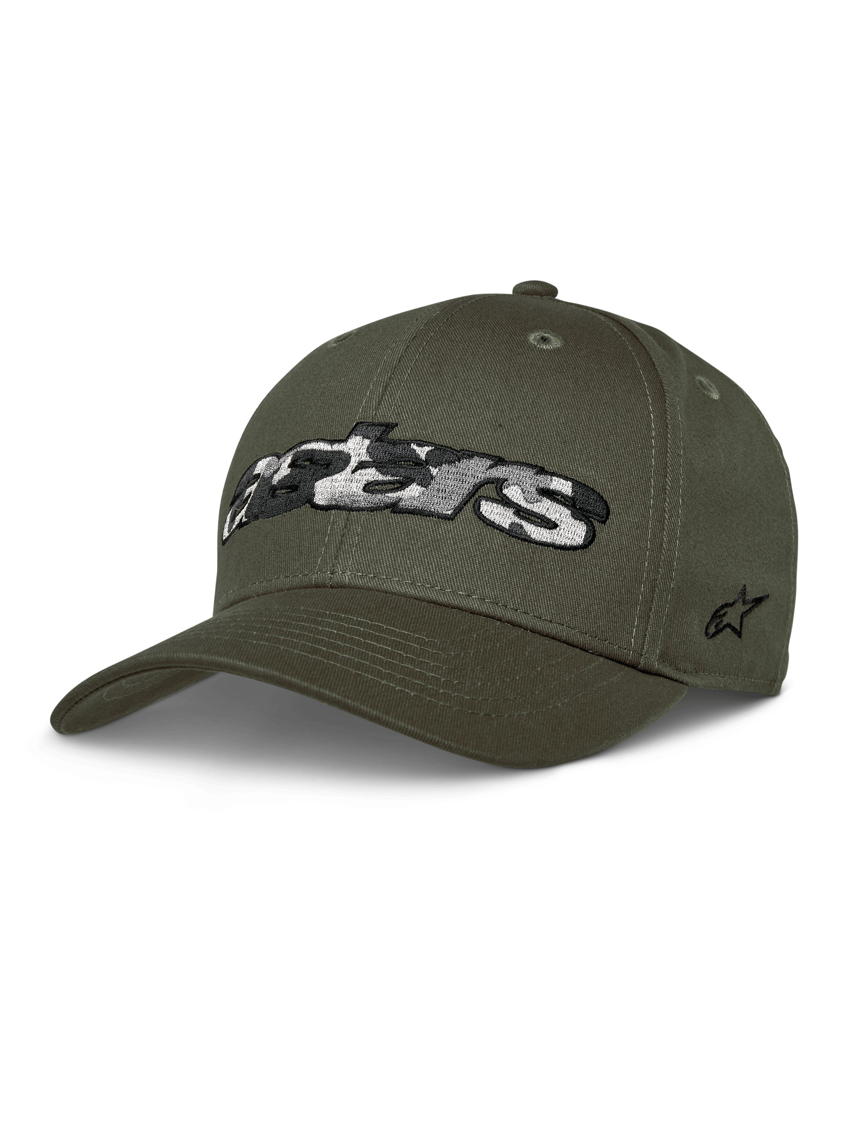 Alpinestars Canyon Hat, Military Green Baseball Cap, Structured Crown with Curved Bill, Large Astars Logo with Camouflage Fill on Front, Side Star Embroidery, Casual Motorsport Style