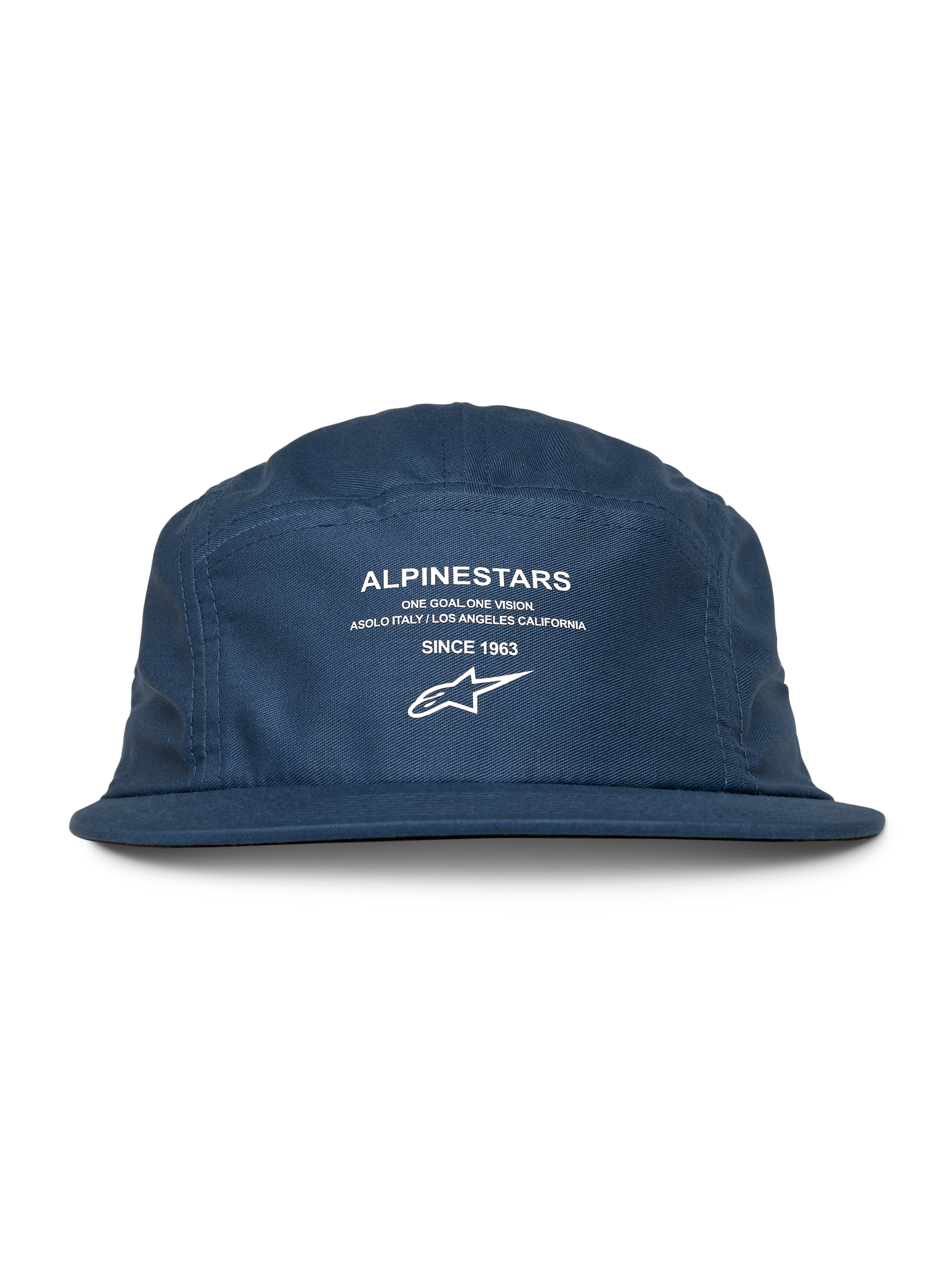 Alpinestars Peasy Hat, 5-panel jockey hat, Blue, flat bill with unstructured crown, white front graphic with logo and 'Since 1963' text, casual motorsport-inspired headwear