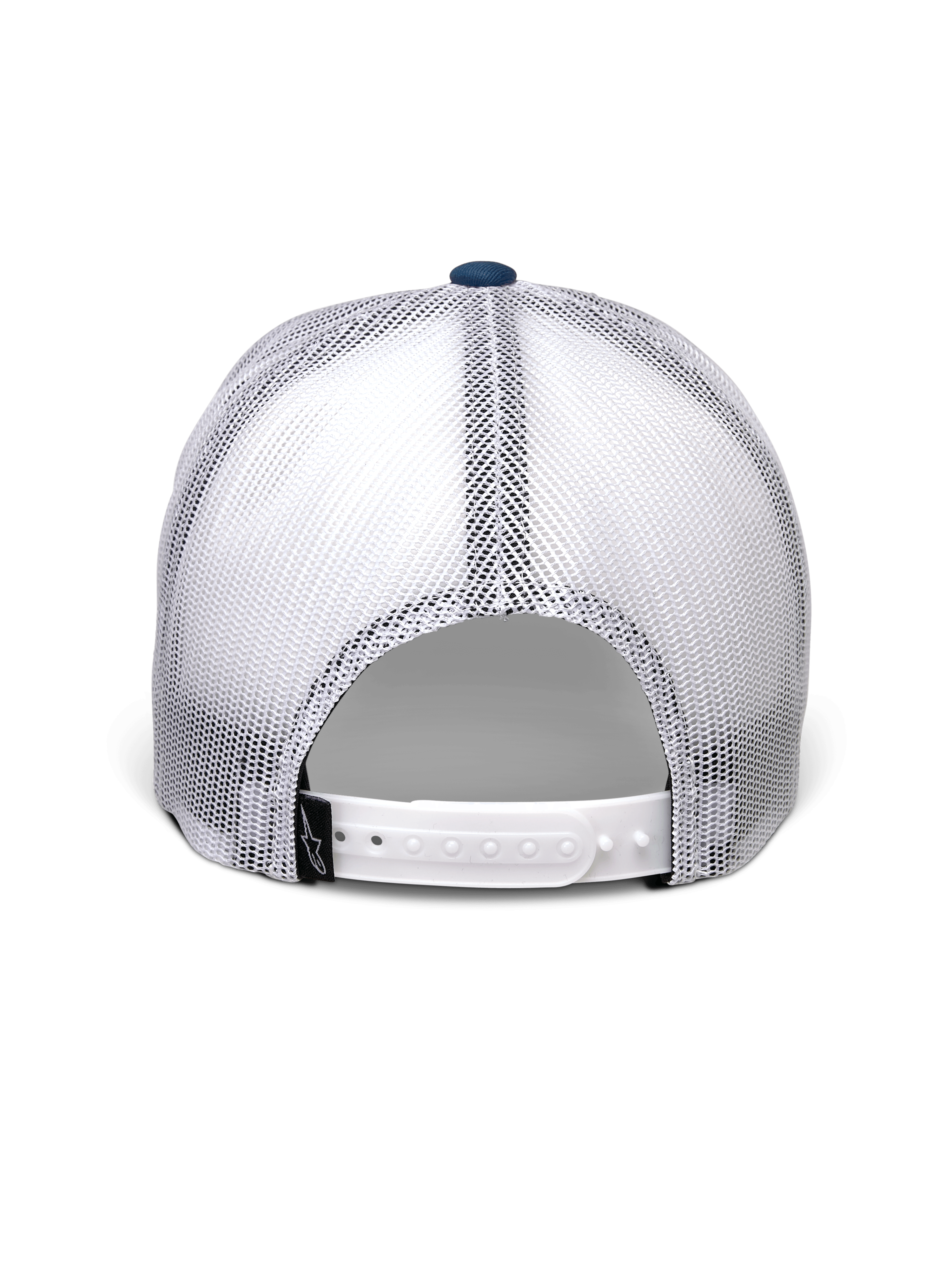 Alpinestars Gambit Trucker Hat, Blue and White, back view featuring breathable white mesh panels, white snap-back closure with a small black Alpinestars logo tag, casual motorsport-inspired headwear