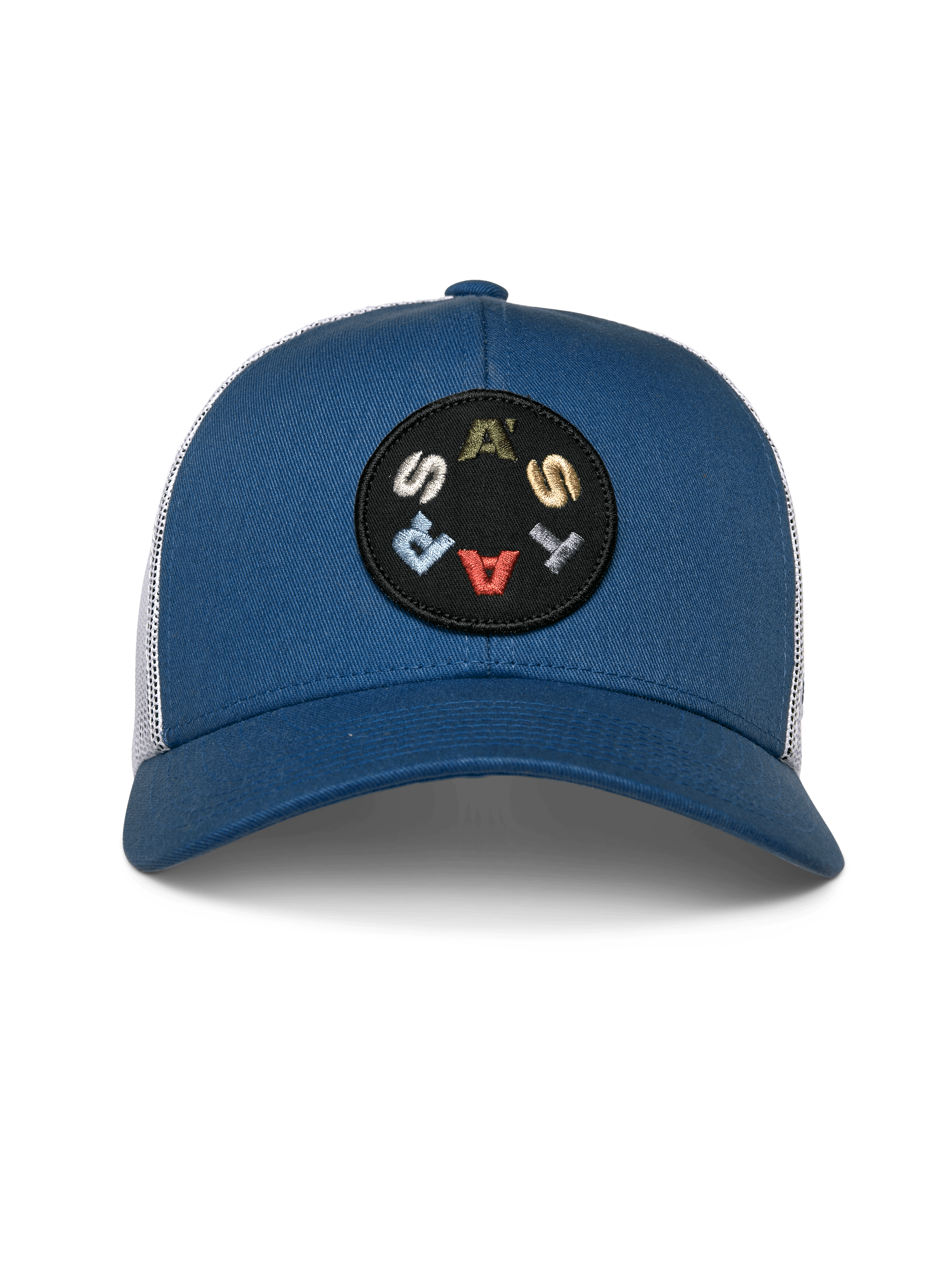 Alpinestars Gambit Trucker Hat, Blue and White, blue structured crown with curved bill and white mesh back, featuring a circular black patch with multi-colored ASTARS lettering, casual motorsport headwear
