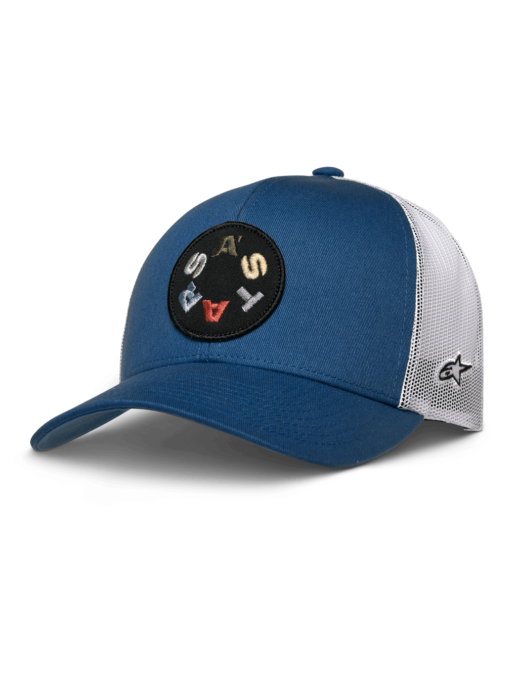 Alpinestars Gambit Trucker Hat, Blue with White Mesh Back, Circular Black Patch with Colorful 'ASTARS' Lettering, Curved Brim, Structured Crown, Casual Motorsport Headwear
