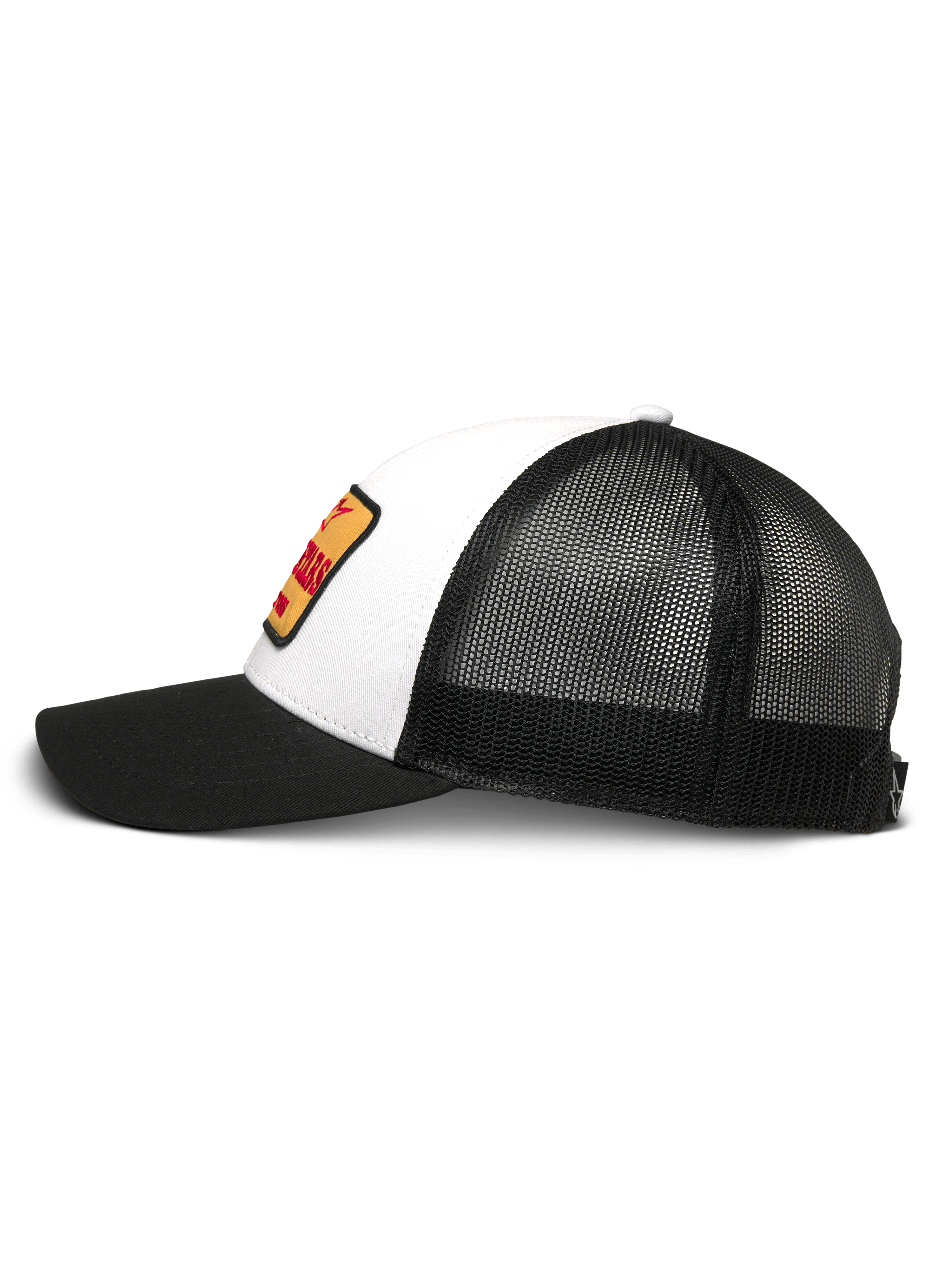 Alpinestars Hardware Trucker Hat, White and Black, side profile view, white twill front with yellow and red embroidery patch, black mesh back, black curved brim, casual motorsport headwear
