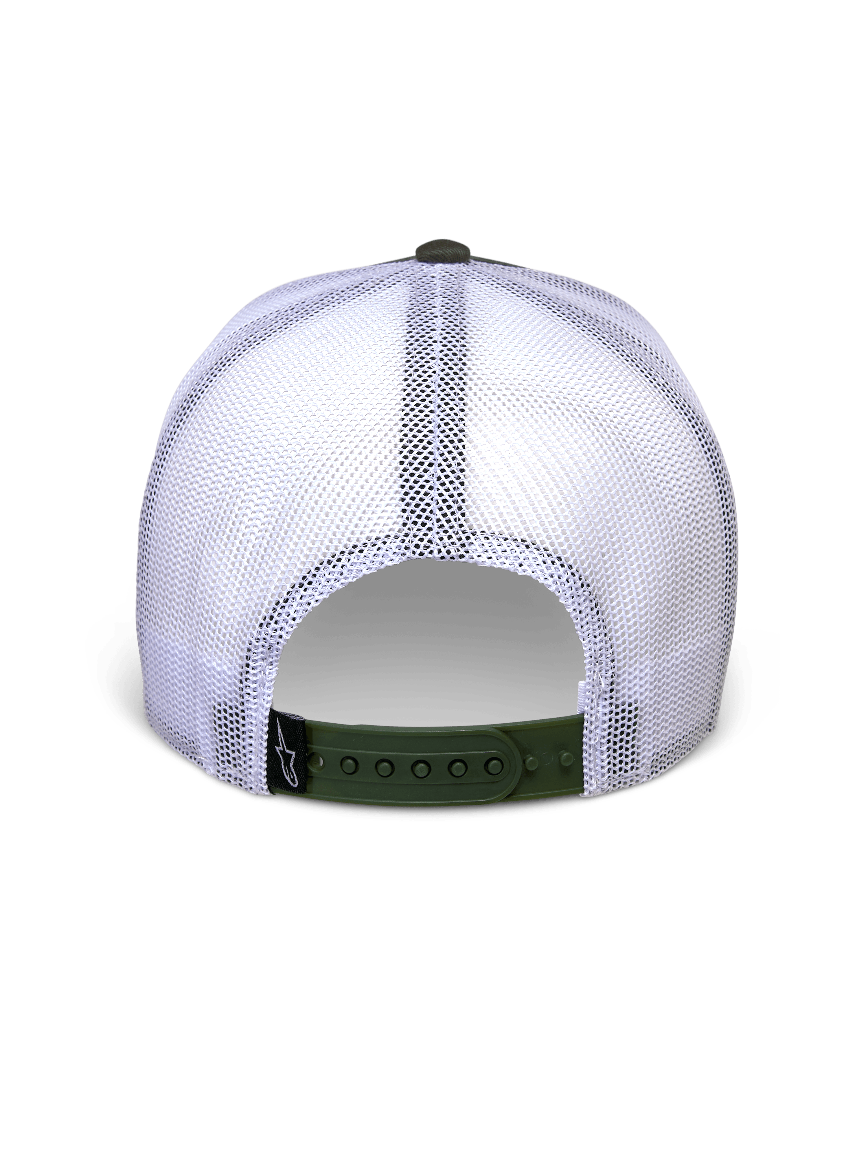 Alpinestars Hardware Trucker Hat in Military White, back view featuring white mesh panels and olive green snapback closure, small black A-star logo label, casual motorsport-inspired headwear