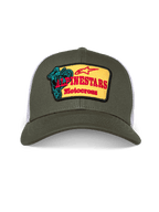Alpinestars Hardware Trucker Hat, olive green and white trucker cap, structured crown with curved bill, yellow embroidered front patch with red Alpinestars Motocross branding and teal rider graphic, casual motorsport streetwear