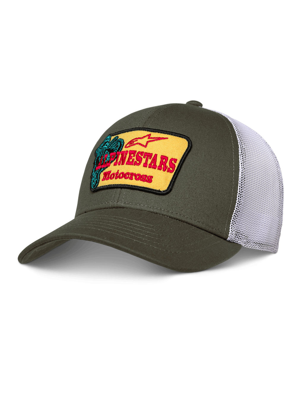 Alpinestars Hardware Trucker Hat, Olive Green and White Mesh, Yellow Patch with Red Alpinestars Motocross Branding, Curved Bill, Structured Crown, Casual Motorsport Sportswear