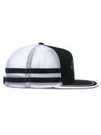 Alpinestars Backline Trucker Hat, Side View, Black White and Gray, featuring white mesh back with two black horizontal stripes, structured black crown, and flat bill with white trim, casual motorsport-inspired headwear.