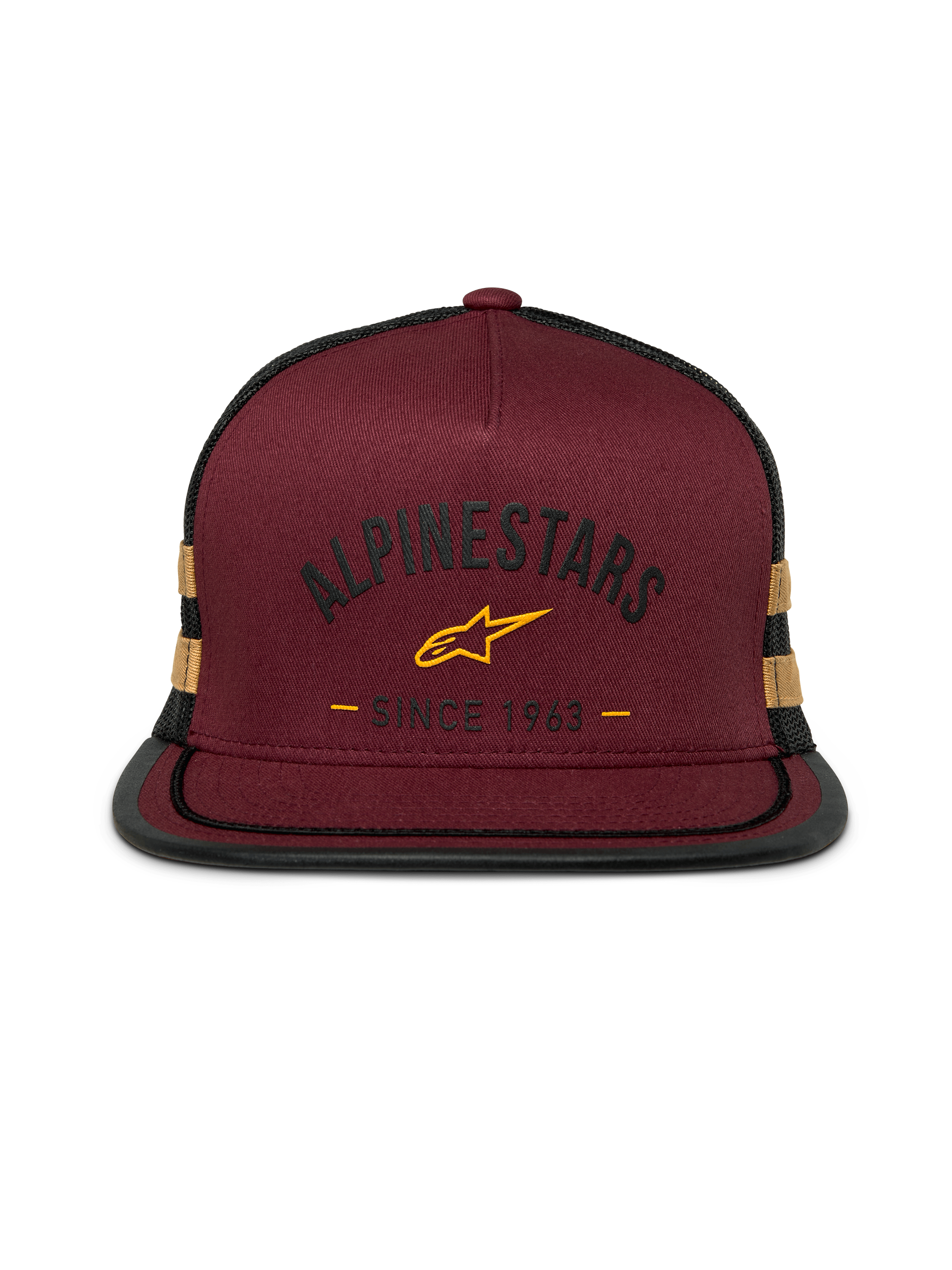 Alpinestars Backline Trucker Hat, flat bill snapback, brick red twill front with black mesh back, mustard yellow logo and side stripes, structured crown with suttache trim on the bill, casual motorsport streetwear