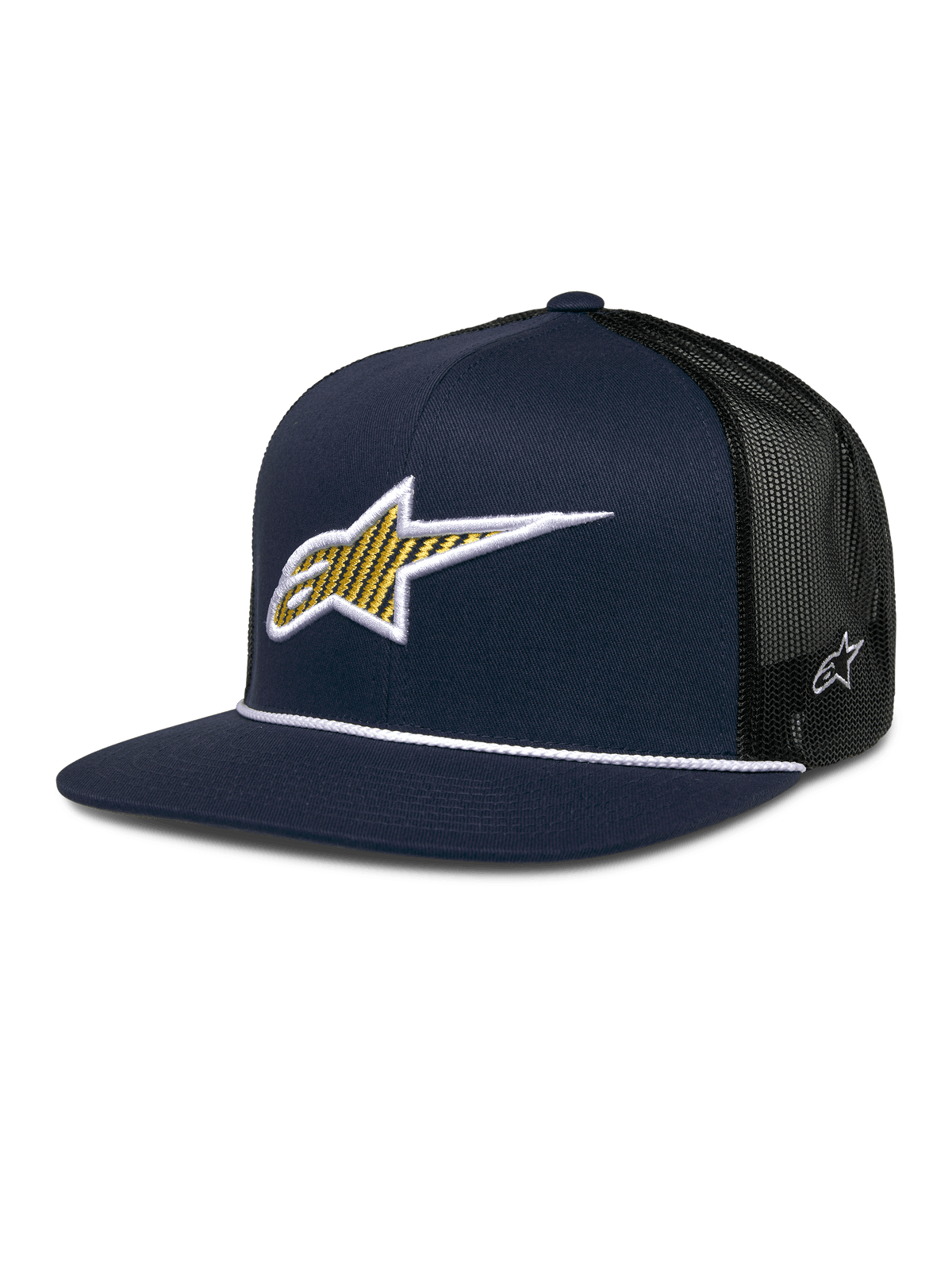 Alpinestars Orion Trucker Hat, mörkblå och svart, strukturerad framsida med 3D-broderad gul och vit stjärnlogo, svart mesh-baksida, vit repdetalj på platt skärm, litet vitt stjärnemblem på sidan