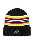 Alpinestars Bolted Cuff Beanie, stickad mössa, svart med ränder i vitt, gult, rosa och svart, ribbad textur, bred svart muddfåll med vit stjärnlogga