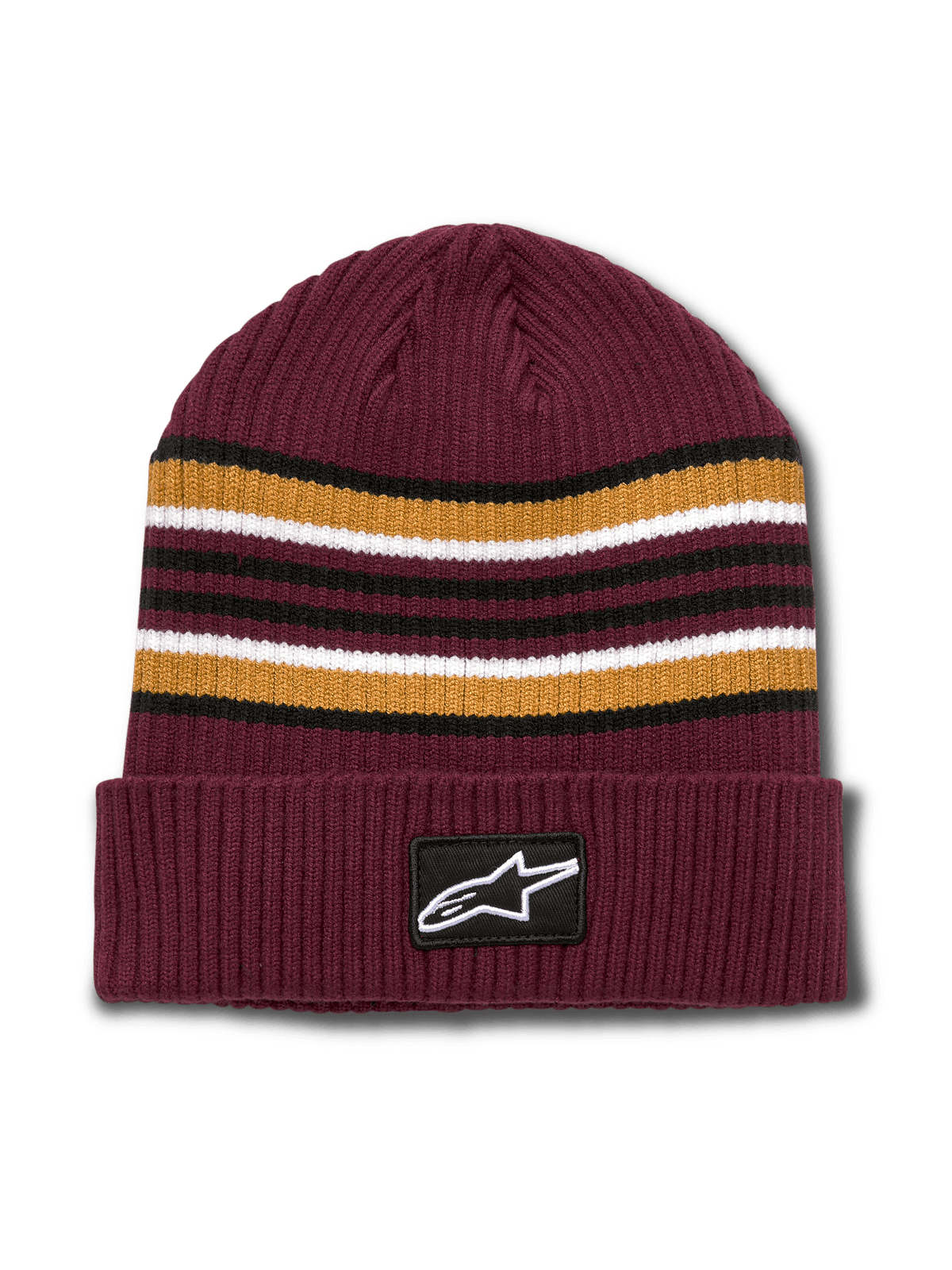 Alpinestars Bolted Cuff Beanie, vinröd ribbstickad vintermössa, garnfärgade horisontella ränder i guld, svart och vitt, uppvikt kant med vävt Alpinestars logomärke, casual sportmössa