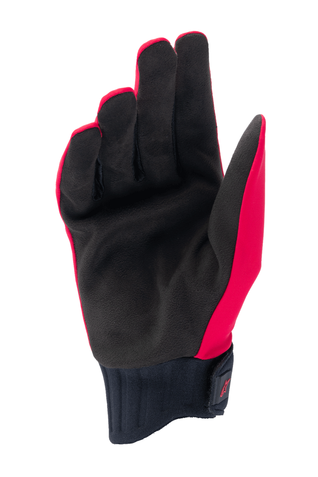 Alpinestars A-Dura Rain-handskar, MTB-handskar, neonröda och svarta, vy av handflatan med svart syntetisk mocka, ribbad neoprenmudd med krok-och-ögla-rem, lågprofilsdesign för mountainbike