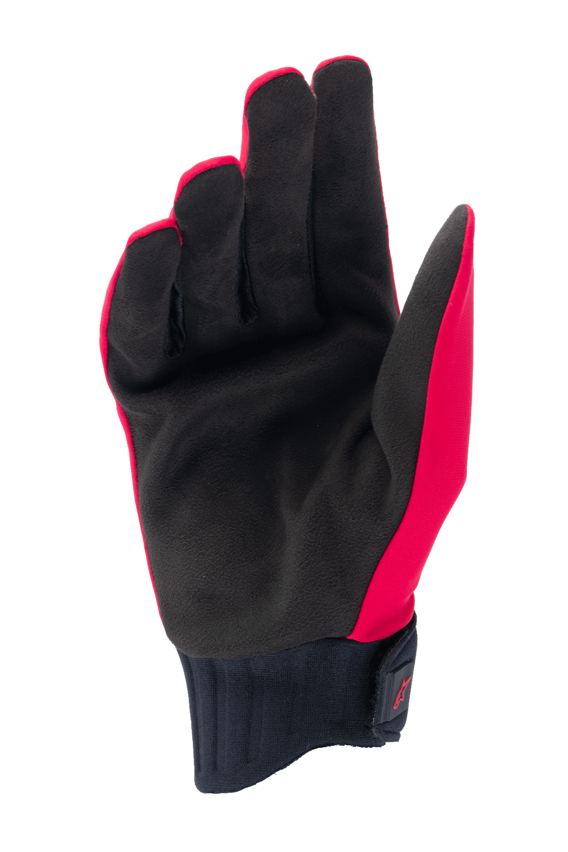 Alpinestars A-Dura Rain-handskar, MTB-handskar, neonröda och svarta, vy av handflatan med svart syntetisk mocka, ribbad neoprenmudd med krok-och-ögla-rem, lågprofilsdesign för mountainbike