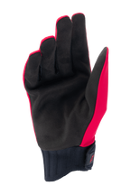 Alpinestars A-Dura Rain-handskar, MTB-handskar, neonröda och svarta, vy av handflatan med svart syntetisk mocka, ribbad neoprenmudd med krok-och-ögla-rem, lågprofilsdesign för mountainbike