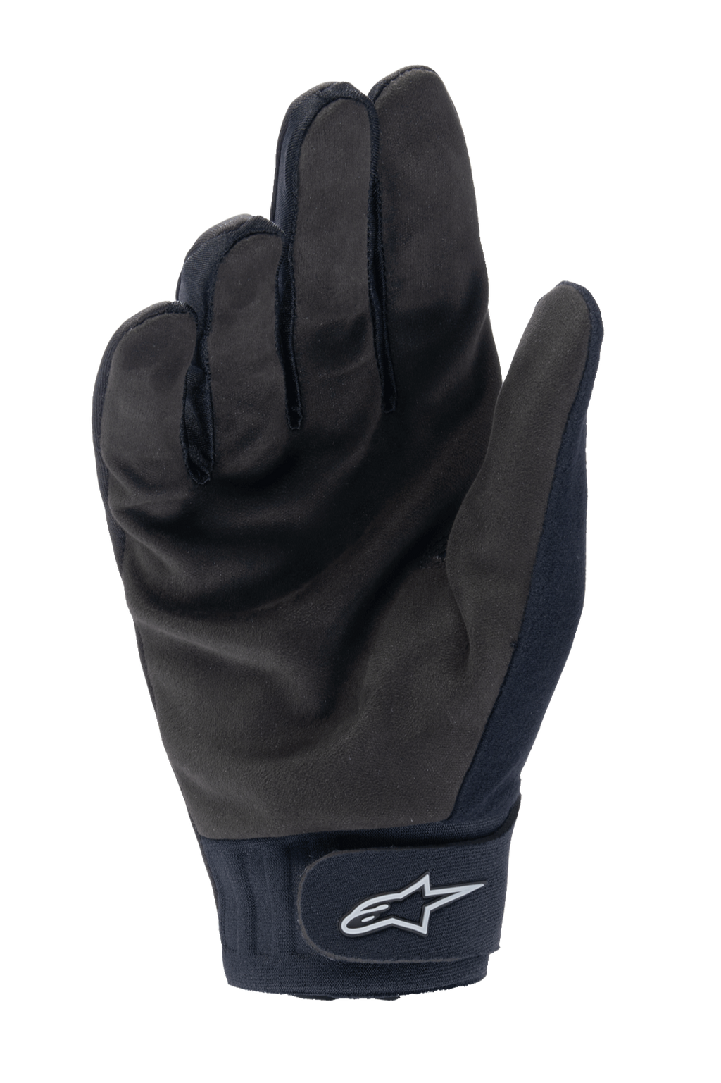 Alpinestars A-Dura Thermal handskar, svarta MTB-cykelhandskar, vy av handflatan som visar hållbar syntetmocka och kardborreknäppning vid handleden med vit Alpinestars-logotyp, termisk cykelutrustning för kallt väder