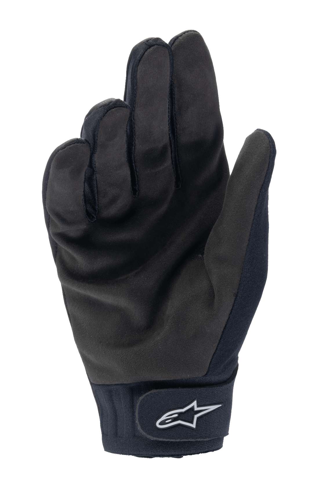 Alpinestars A-Dura Thermal handskar, svarta MTB-cykelhandskar, vy av handflatan som visar hållbar syntetmocka och kardborreknäppning vid handleden med vit Alpinestars-logotyp, termisk cykelutrustning för kallt väder