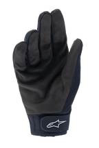 Alpinestars A-Dura Thermal handskar, svarta MTB-cykelhandskar, vy av handflatan som visar hållbar syntetmocka och kardborreknäppning vid handleden med vit Alpinestars-logotyp, termisk cykelutrustning för kallt väder