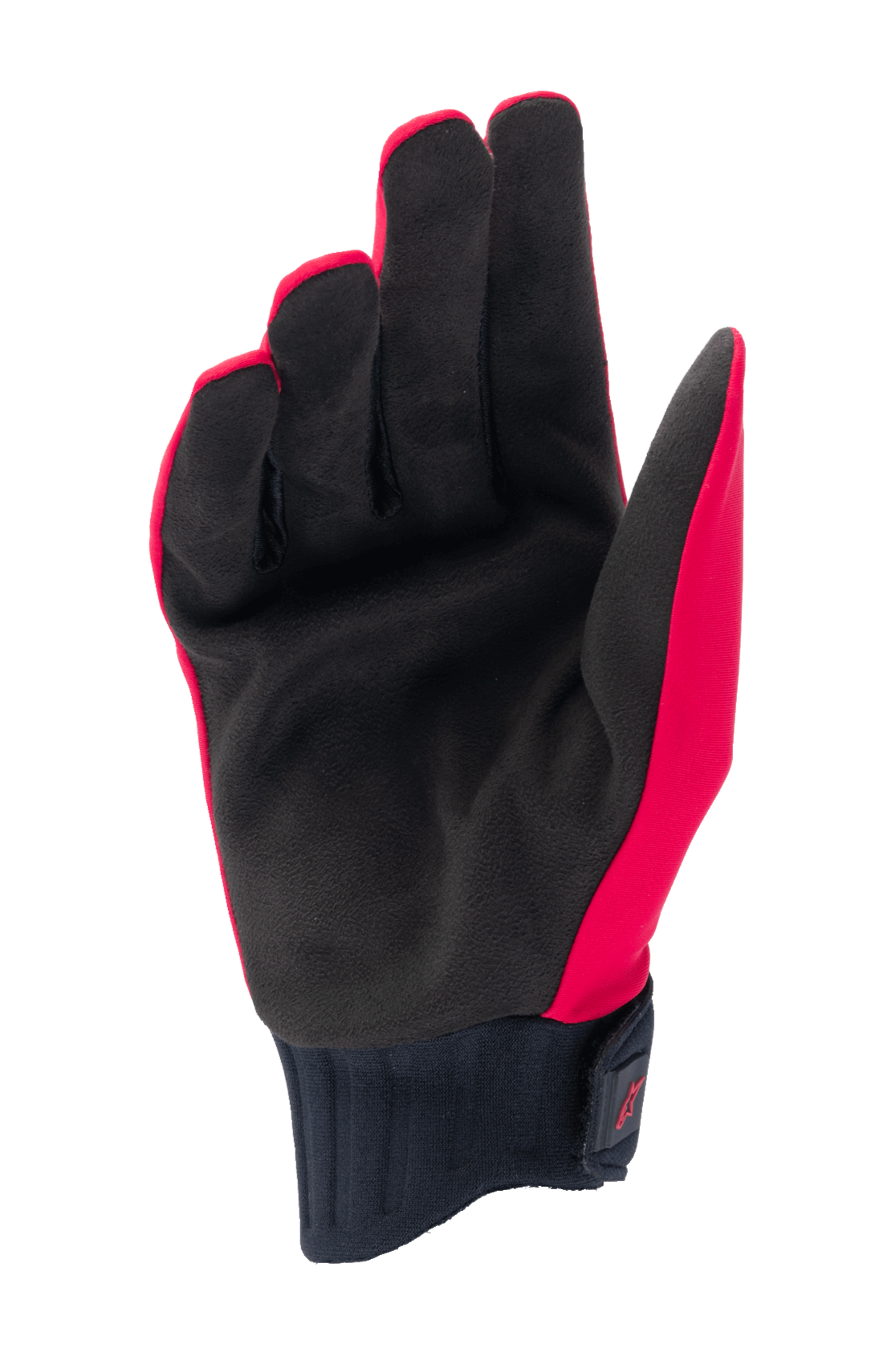 Alpinestars Stella A-Dura regnhandskar för dam, Red Fluo och svart, vy av handflatan med syntetisk mocka, ribbad neoprenmudd med kardborrestängning vid handleden, vattentäta cykelhandskar