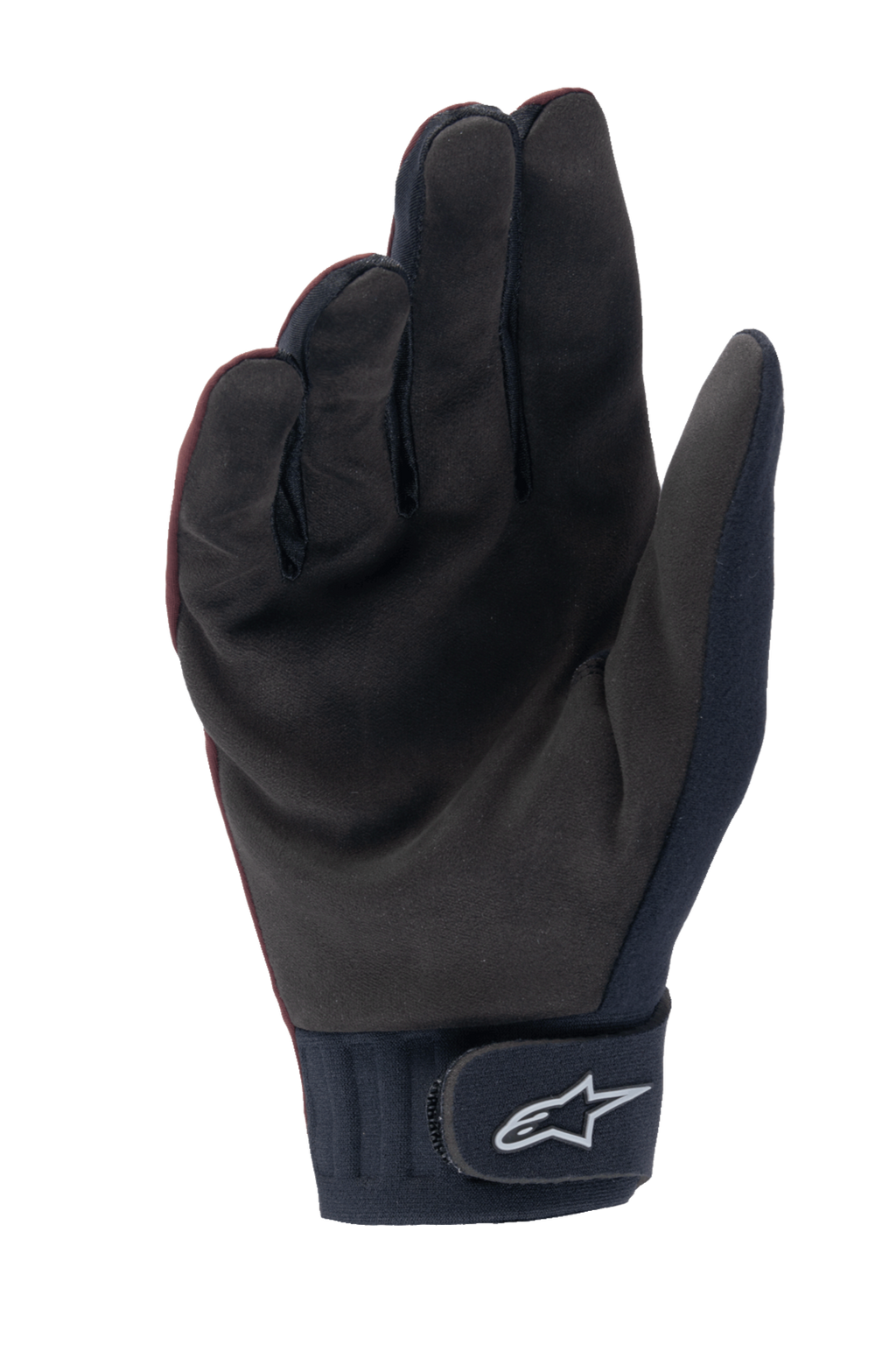 Alpinestars Stella A-Dura Thermal Gloves, Women's MTB Gloves, Dark Burgundy and Black, palm view showing synthetic suede material, neoprene cuff with hook-and-loop strap featuring white Alpinestars logo, designed for cold weather cycling