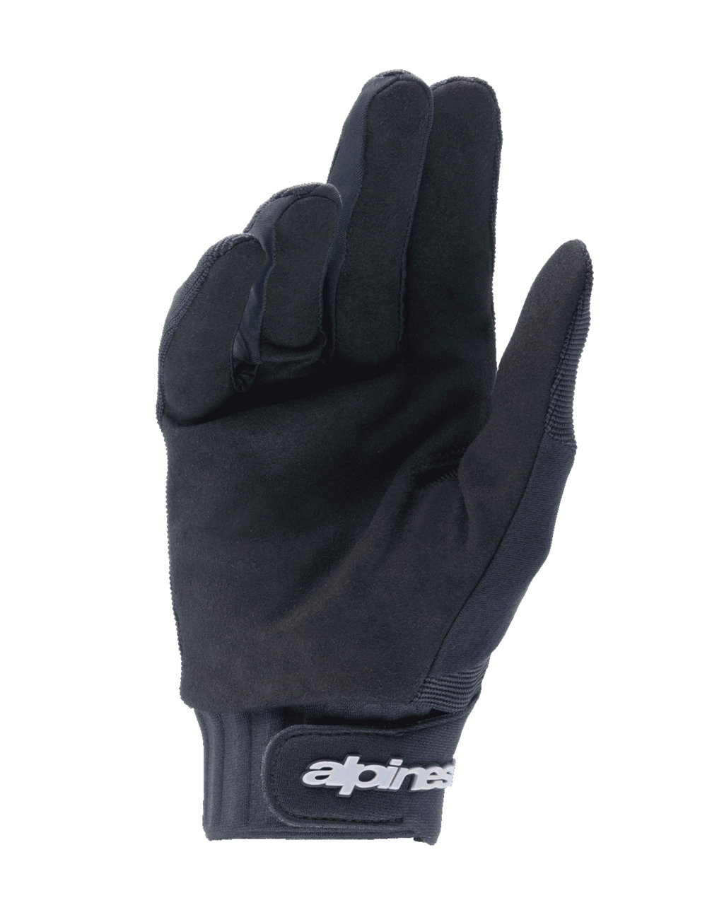 Alpinestars Youth A-Dura-handskar, svarta, vy från handflatan som visar syntetiskt mockamaterial för bra grepp, neoprenmanschett med kardborreband och vit logotyp, designade för mountainbike och terrängcykling för ungdomar
