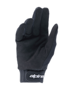 Alpinestars Youth A-Dura-handskar, svarta, vy från handflatan som visar syntetiskt mockamaterial för bra grepp, neoprenmanschett med kardborreband och vit logotyp, designade för mountainbike och terrängcykling för ungdomar