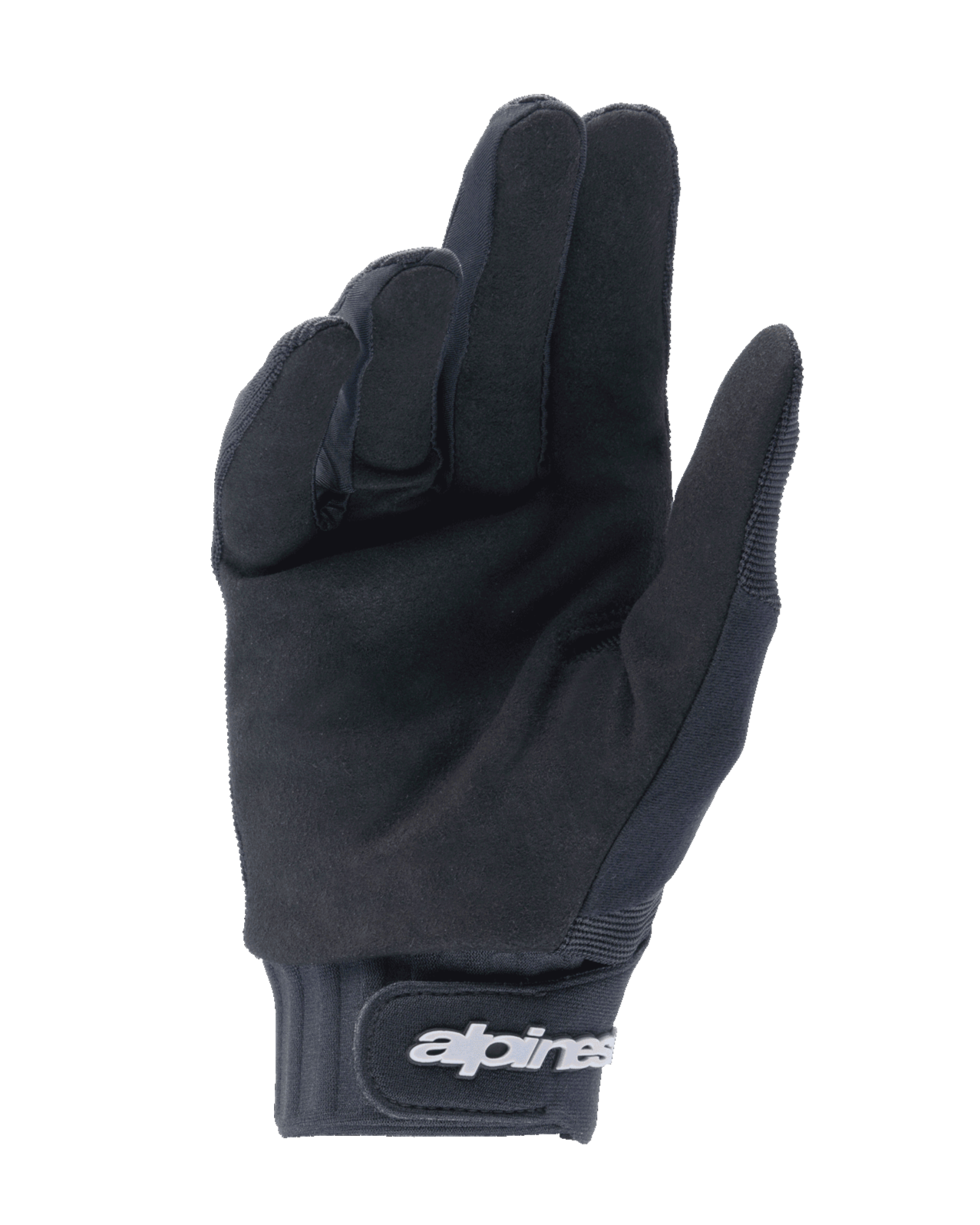 Alpinestars Youth A-Dura-handskar, svarta, vy från handflatan som visar syntetiskt mockamaterial för bra grepp, neoprenmanschett med kardborreband och vit logotyp, designade för mountainbike och terrängcykling för ungdomar