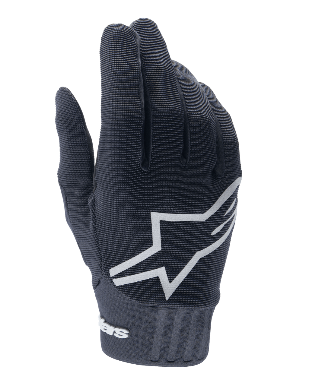 Alpinestars Youth A-Dura handskar, mountainbikehandskar, svarta, stor vit stjärnlogotyp på handryggen, texturerat tyg med ribbade detaljer vid mudden, flexibel design för terrängcykling
