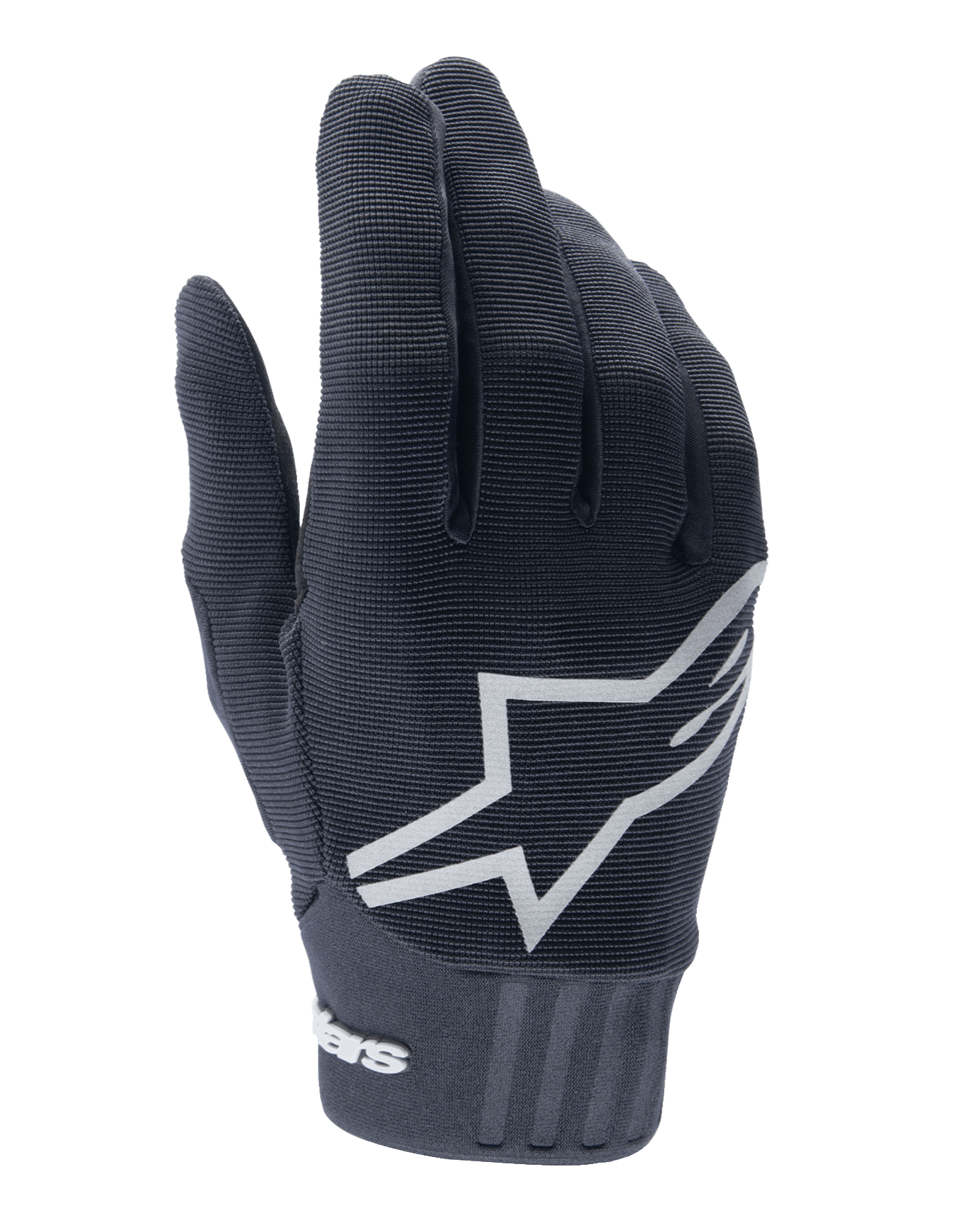 Alpinestars Youth A-Dura handskar, mountainbikehandskar, svarta, stor vit stjärnlogotyp på handryggen, texturerat tyg med ribbade detaljer vid mudden, flexibel design för terrängcykling