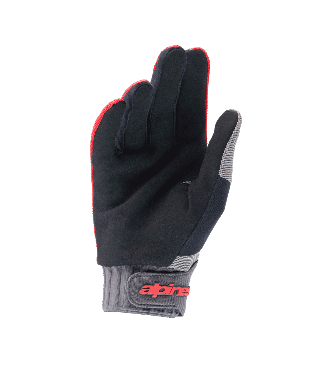 Alpinestars Youth A-Dura-handskar, mountainbikehandskar, Red Fluo och svart, vy av handflatan som visar syntetisk mocka, grå neoprenmanschett med kardborreband och röd Alpinestars-logotyp, designade för ungdomscykling